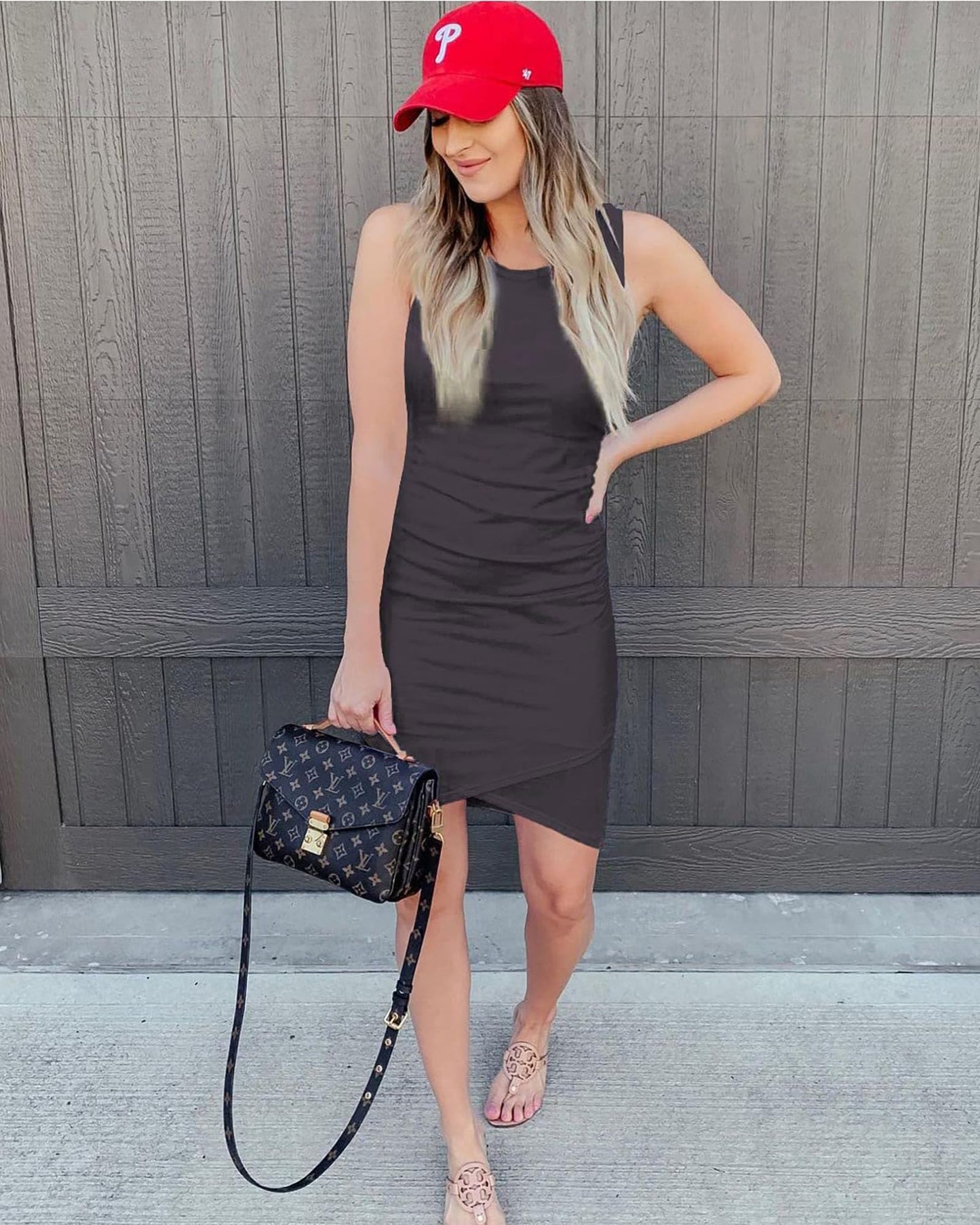 BTFBM Women Summer Dresses 2025 Sleeveless Tank Crew Neck Casual Ruched Bodycon Party Club Beach Short Mini Dress(Dark Grey, Small)