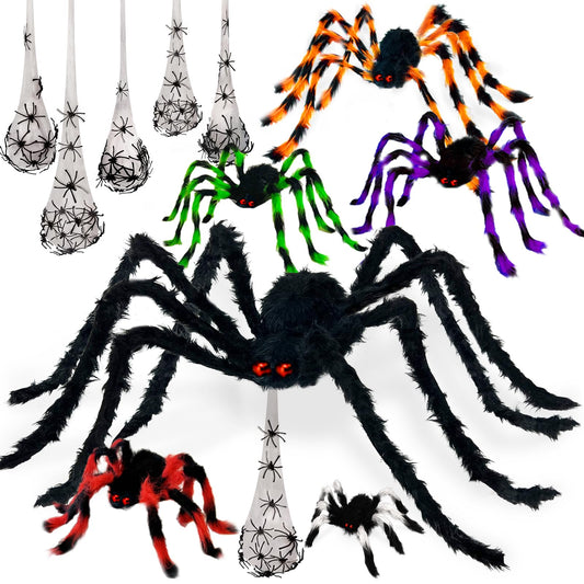 6 PCS Halloween Spider Decorations Set with 23" Hanging Spider Egg Sacs 6 Packs, 50" Giant Scary Halloween Props,Realistic Hairy Colorful Spider Set for Window Yard Party Haunted House Indoor Outdoor