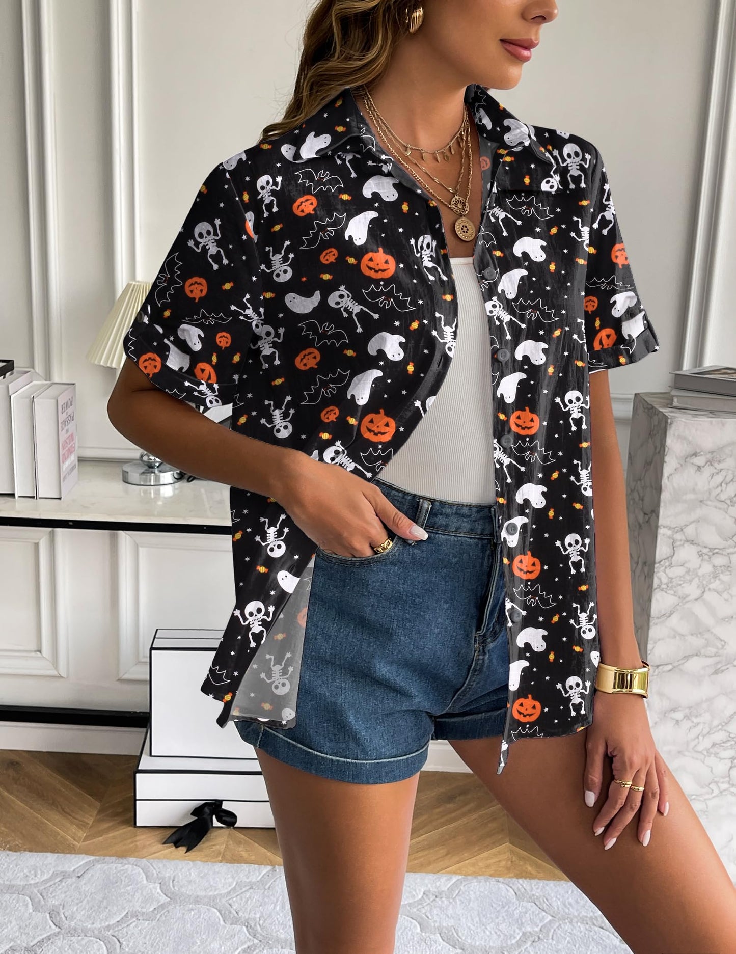 Zeagoo Women Halloween Button Down Shirt Cute Short Sleeve Pumpkin Ghost Print Blouse Ladies Casual Cotton Tops