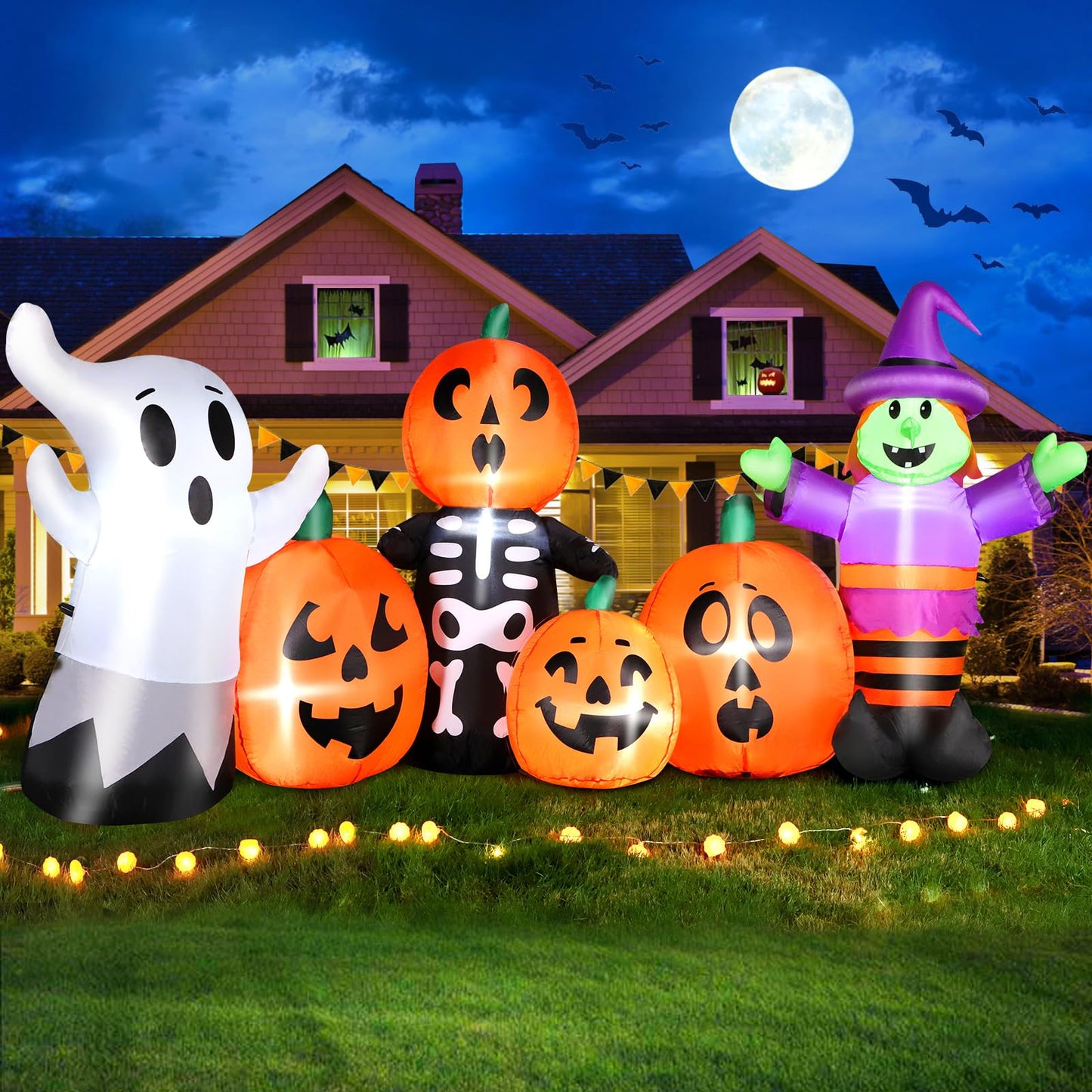 8FT Length Halloween Inflatables Pumpkin Outdoor Decoration, Witch, Ghost, with Blow Up Pumpkin Inflatables Decorations Built-in LED Lights & Powerful Air Blower for Party Garden Halloween Decor