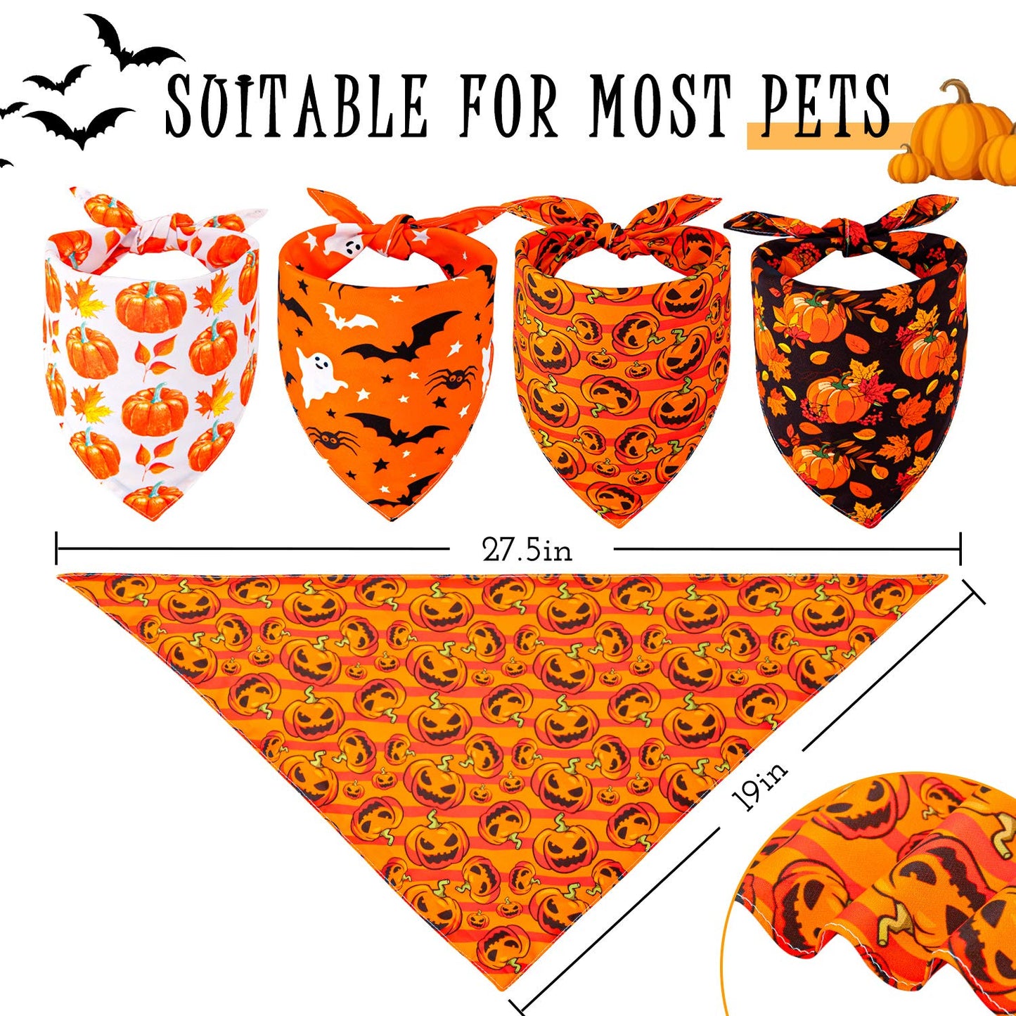 Whaline 4 Pack Fall Dog Bandanas Reversible Halloween Triangle Bibs Pumpkin Ghost Bat Pet Scarf Thanksgiving Washable Cotton Pet Neckerchief for Medium Large Pets Cats Dogs