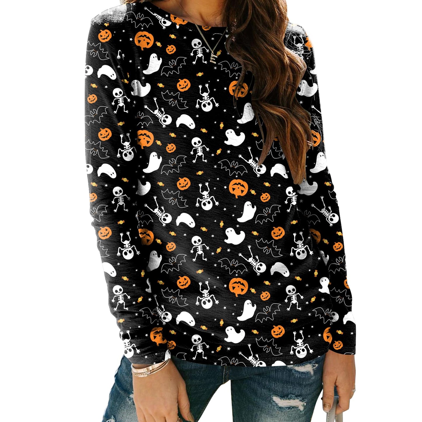 Zeagoo Long Sleeve Tops 2025 Cute Halloween Shirts for Women Pumpkin Skeleton Graphic Tshirts