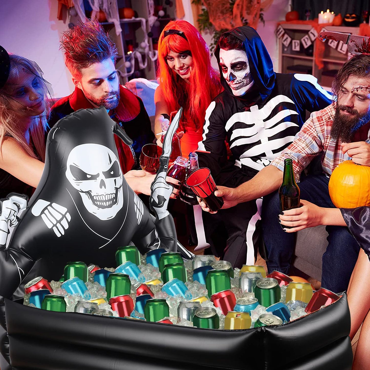 44 Inch Inflatable Grim Reaper Coffin Cooler Halloween Party Supplies 120+ Cans Large Capacity Inflatable Drink Holder for Indoor Outdoor Home Halloween Birthday Party Decorations, Black