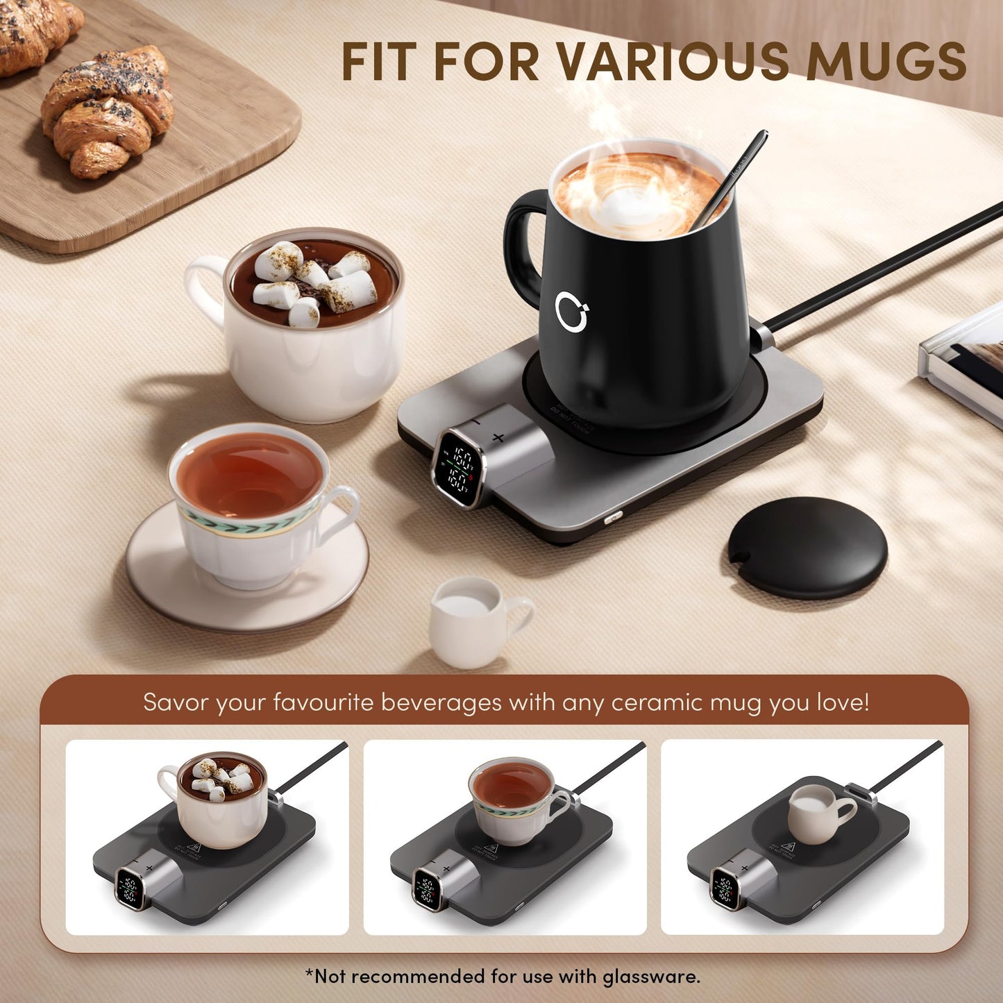 iKago Coffee Mug Warmer Set, Temperature Control Smart Heated Mug for Desk, Electric Coffee Warmer with Auto Shut Off & Real-Time Temp Display, Gifts for Men Women, 15oz, Black