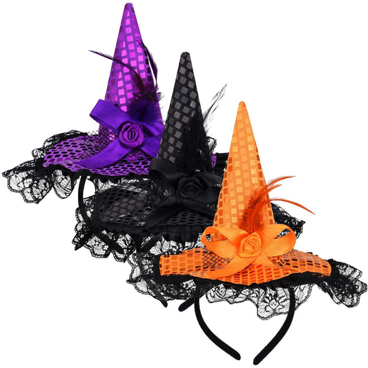 WILLBOND 3 Pieces Witch Hat and Feather Headband for Halloween Costume Dress Accessories, 3 Colors (Orange, Black, Purple)