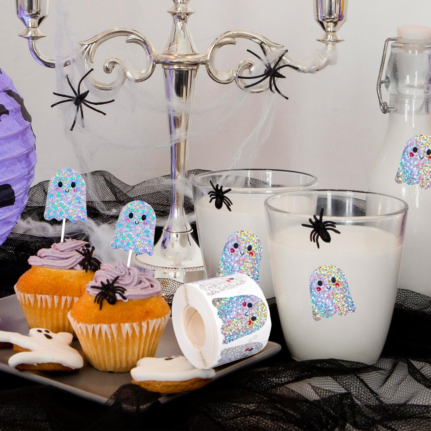 Whaline Halloween Ghost Stickers Roll Laser Cute Cartoon Ghost Seal Stickers Waterproof Self-Adhesive Decals for Envelope Journal Decor Birthday Baby Shower, 500 Pcs