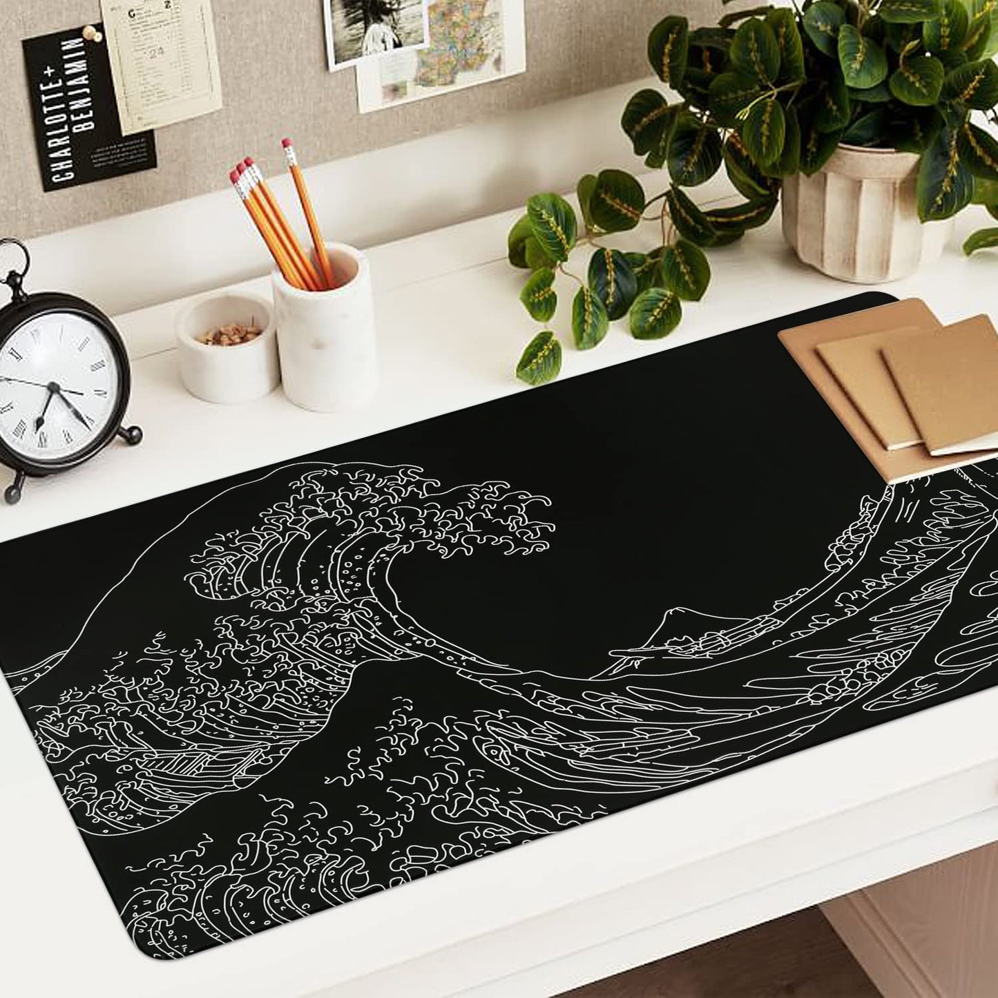 iCasso Mousepad, Gaming Mouse Pad, XXL Large Desk Mat, Big Rubber Base Mouse Mat with Stitched Edges, Computer Keyboard Desk Pad for Work, Game, Office, Home - Black Wave of Kanagawa