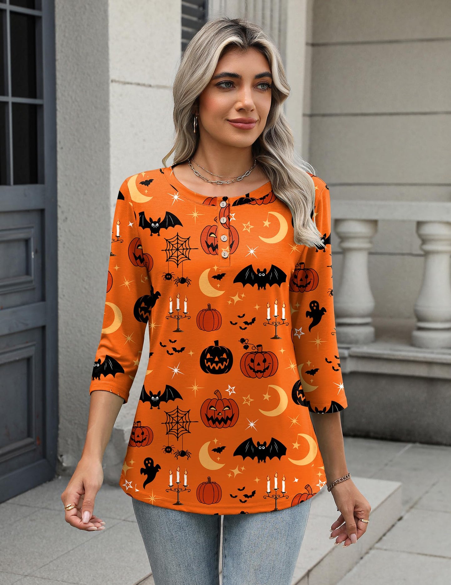 Zeagoo Orange 3/4 Sleeve Halloween Shirts for Women Crew Neck Dressy Casual Tunic Tops Fall Button Up Blouses 2025