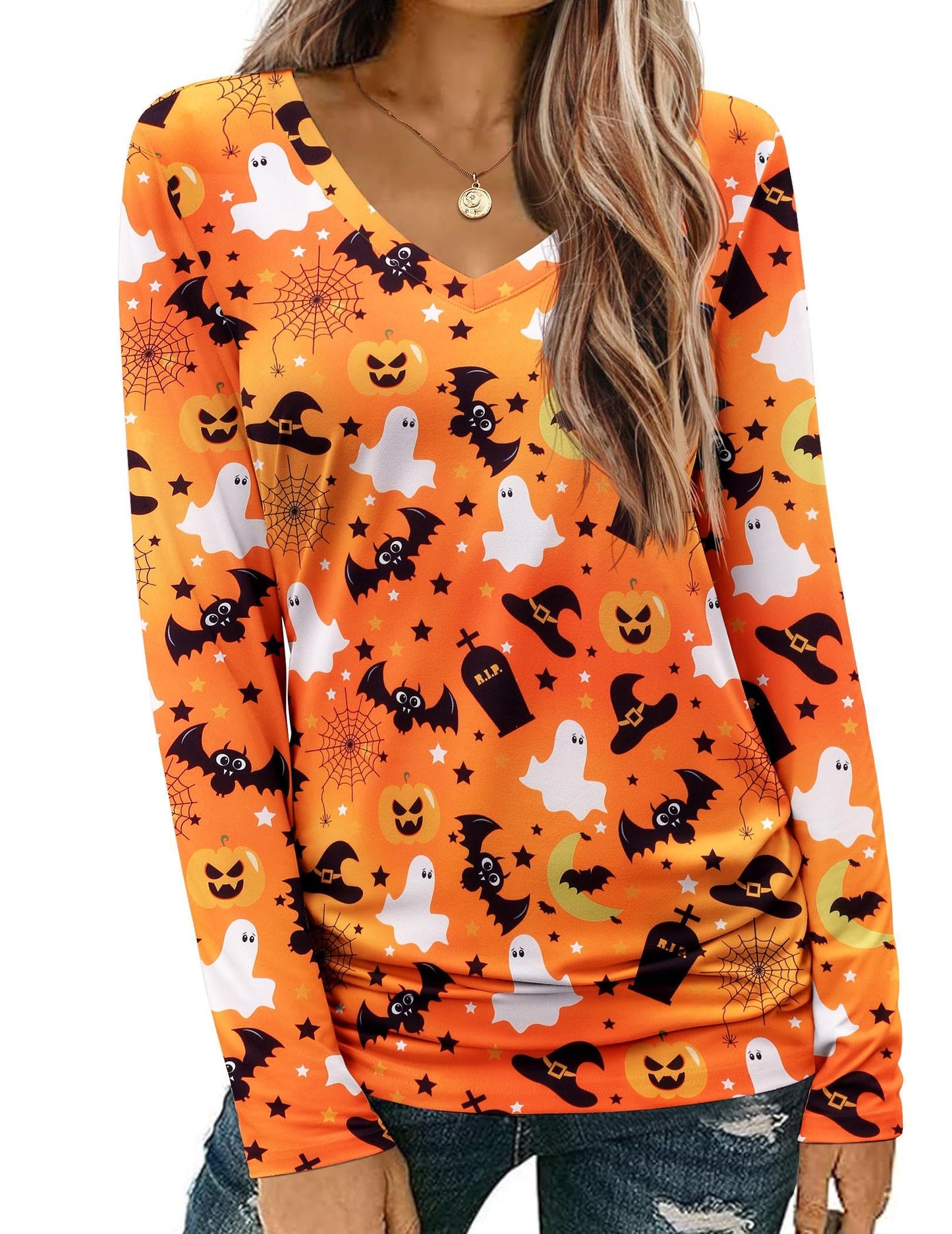 Zeagoo Halloween Tops Womens Orange bat Tee Shirt Long Sleeve T Shirts V Neck Tops Casual Basic Tee Tops M