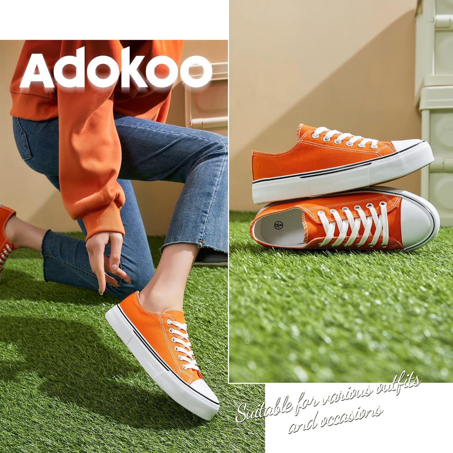 Adokoo Canvas Tennis Shoes for Women Low Top Casual White Black Sneakers for Women Lace Up Fashion Comfortable Walking Shoes (Orange,7)