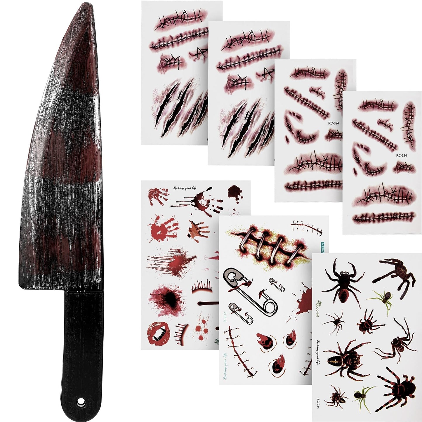 7 Halloween Sheets Scar Tattoo Stickers with Halloween Fake Knife for Halloween Party Costume
