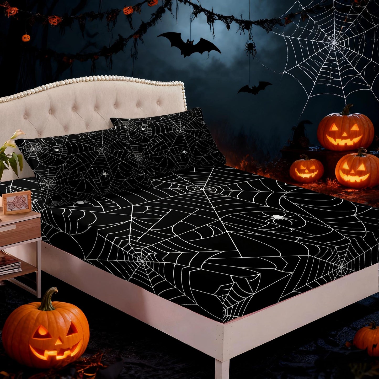 Boys Spider Web Printed Bedding Set for Kids Children Halloween Themed Bed Sheet Set Decorative Scary Spider Pattern Fitted Sheet Black White Animal Theme Bed Cover Full Size 3Pcs