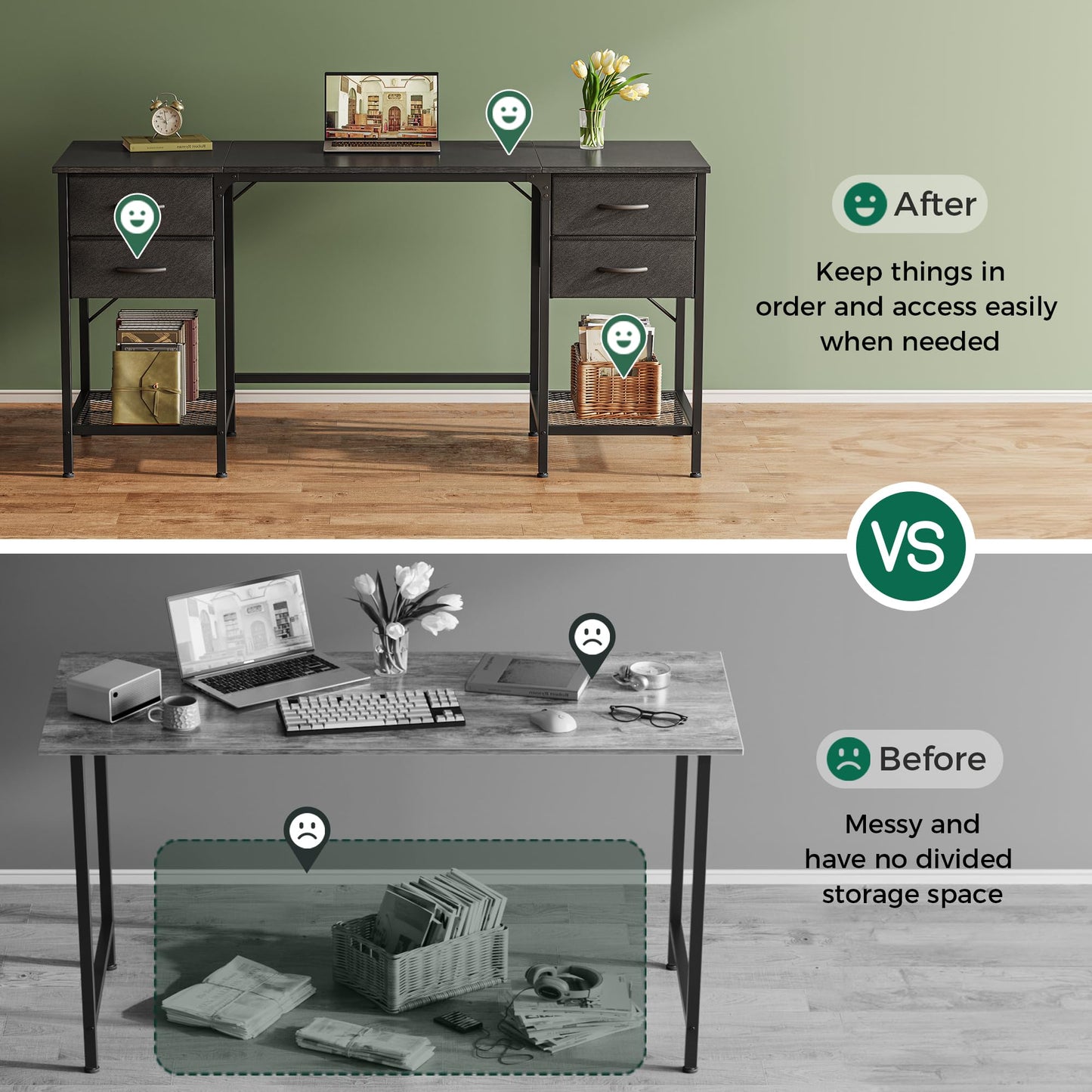 Huuger 63 Inch Computer Desk with 4 Drawers, Mesh Shelf, Gaming, Large Storage, Writing Work Desk for Home, Study, Bedroom, Work from Home, Black