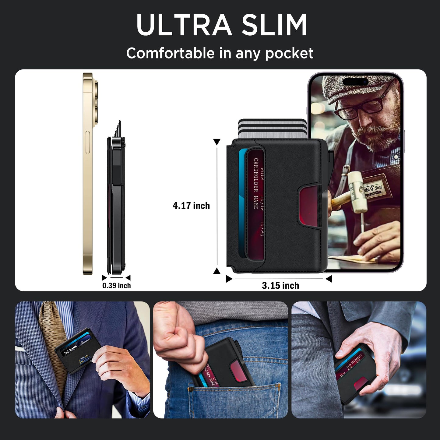 ILAOLIU Wallet for Men - Slim Leather Mens Wallet Pop up Card Holder with Money Clip,Credit Card Slots,ID Window - RFID Blocking Minimalist Wallet (Dark Black)