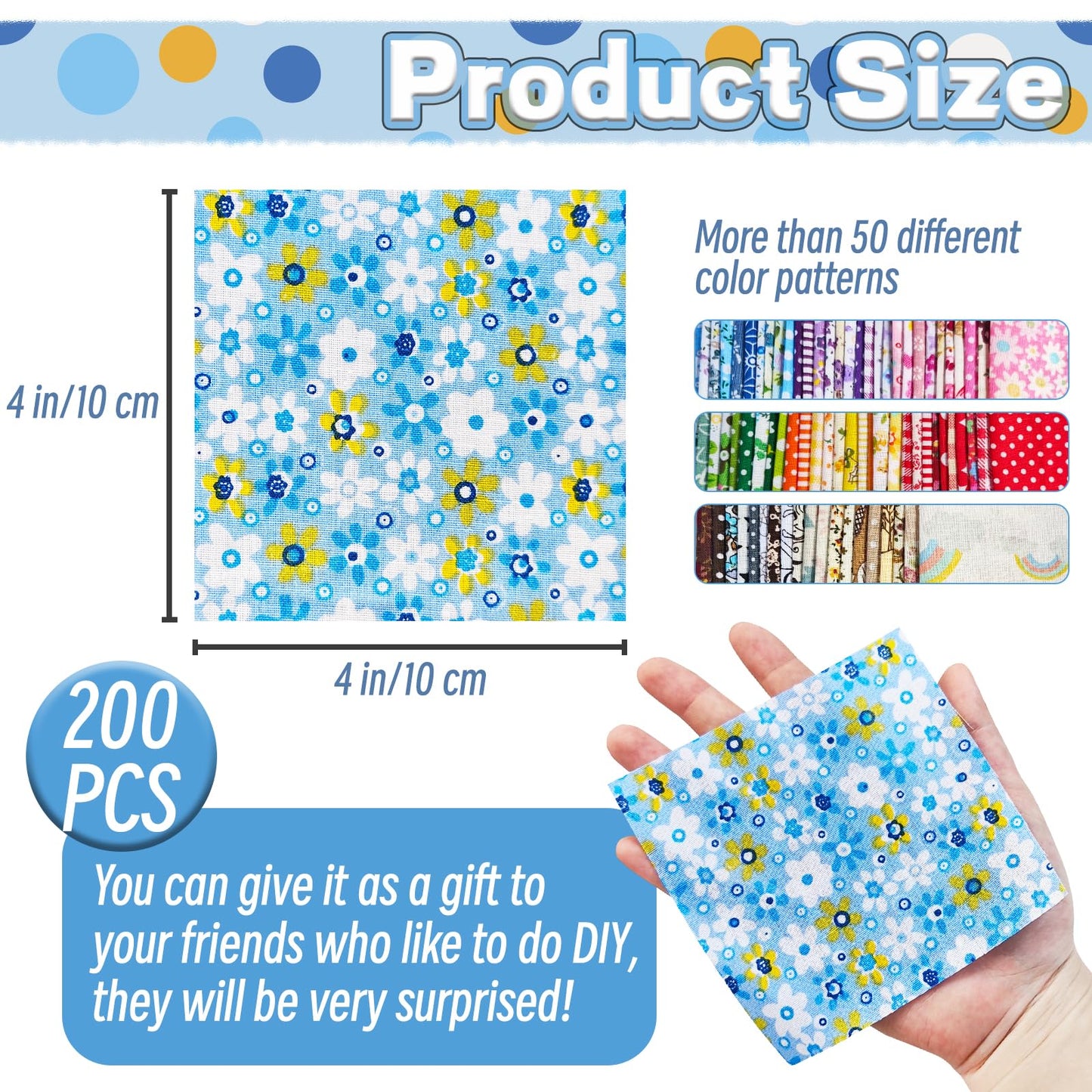 200 Pcs 4" x 4" (10cm x 10cm) Cotton Craft Fabric Bundle Squares,Sewing Scrapbooking Quilting Dot Pattern,DIY Patchwork Fabric Sets for Craft Cloths Handmade Accessories