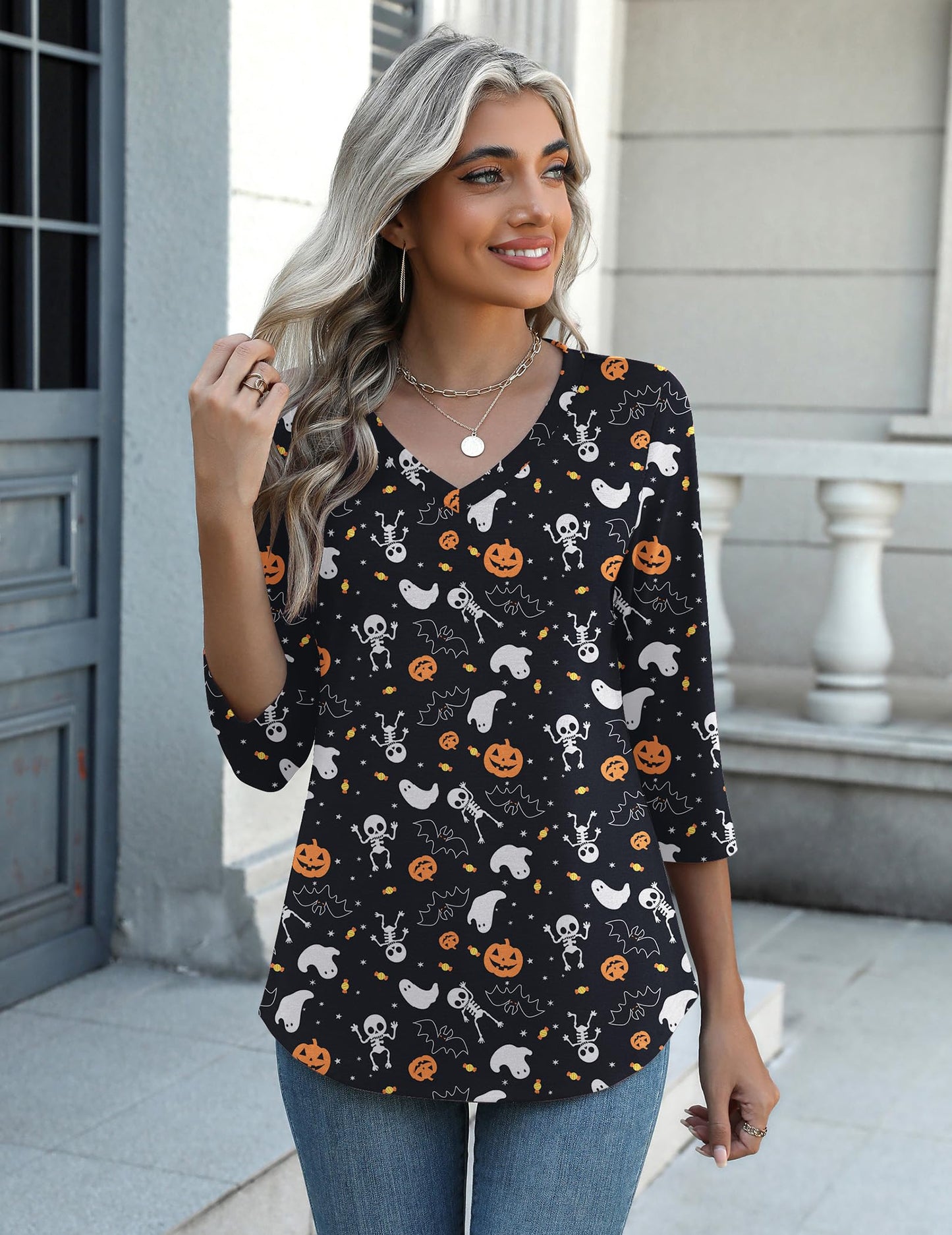 Zeagoo Halloween Pumpkin Shirts Women Fall T-Shirts Cute Autumn Graphic Tees Thanksgiving Tops Halloween Shirts 3/4 Sleeve V-Neck T Shirt