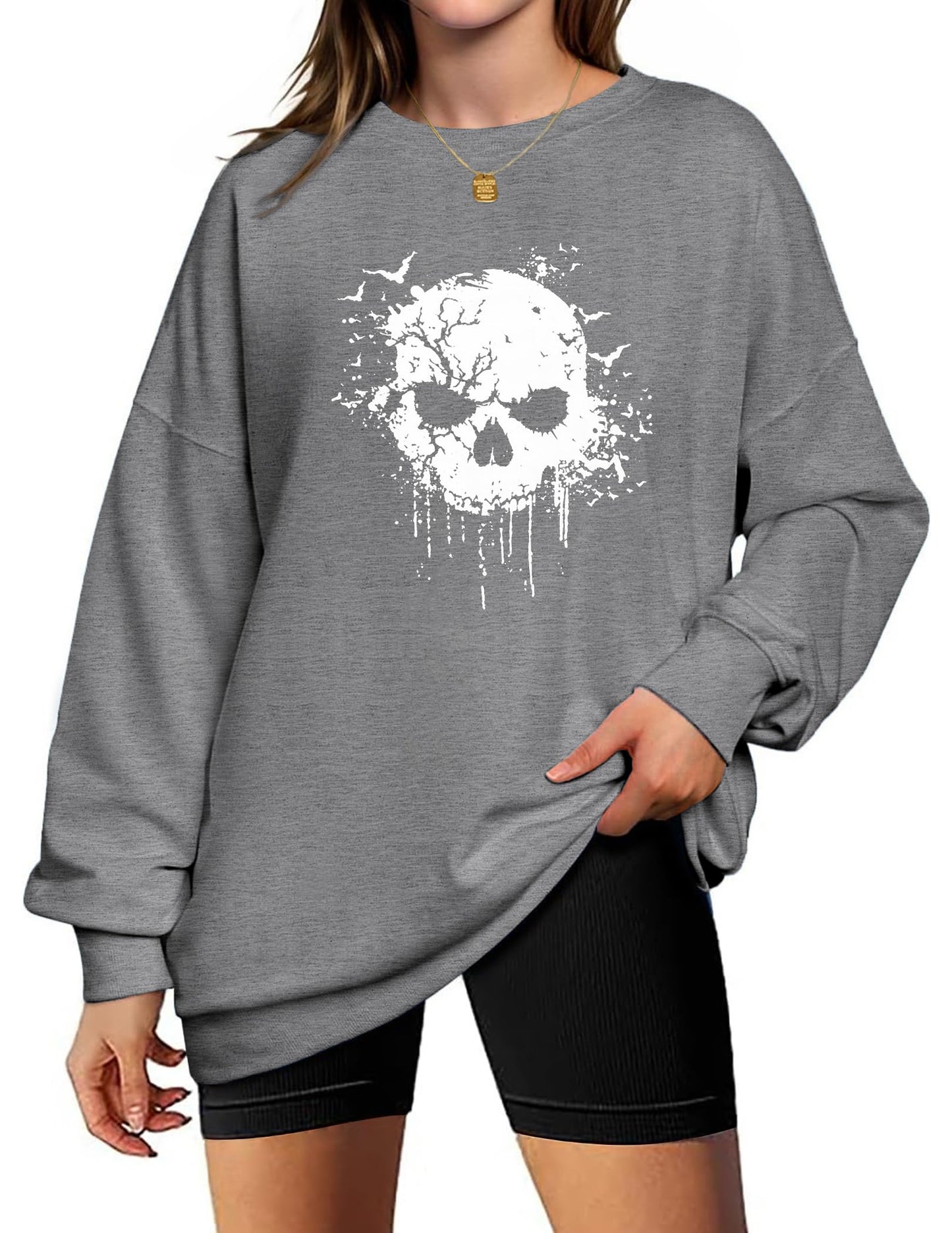 Zeagoo Women's Halloween Pumpkin Face Long Sleeve Sweatshirts Lightweight Casual Pullover Tops Grey Skull XL