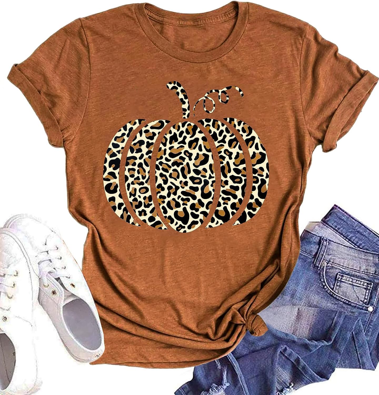 Woffccrd Womens Funny Leopard Pumpkin Printed Shirts Halloween Short Sleeve Graphic T-Shirts Tops (XXL,23XJBW Brown)