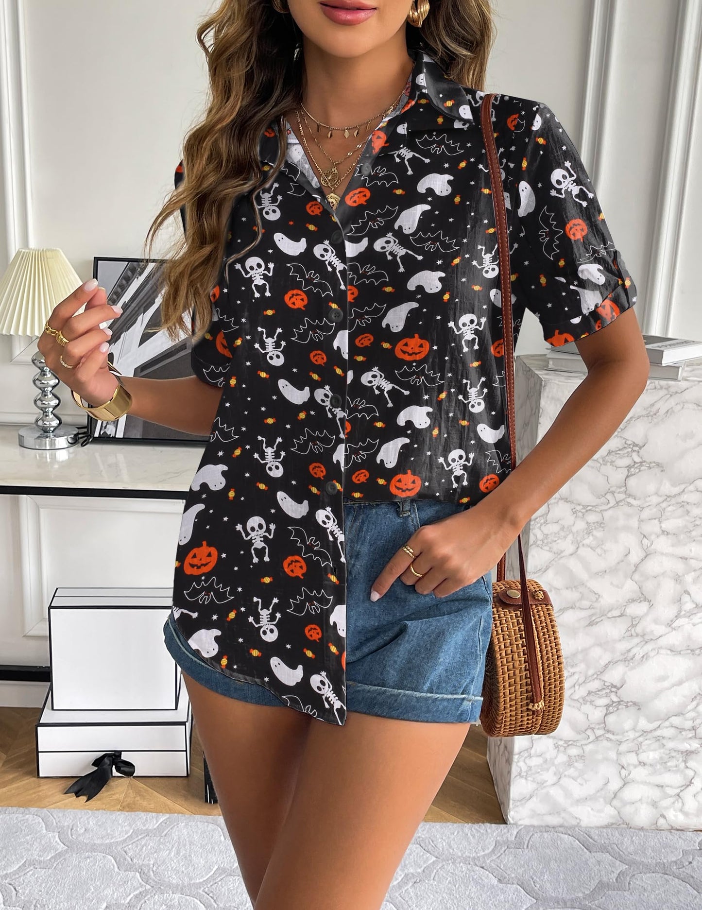Zeagoo Women Halloween Button Down Shirt Cute Short Sleeve Pumpkin Ghost Print Blouse Ladies Casual Cotton Tops