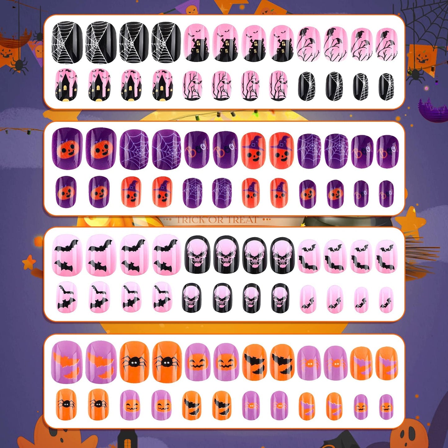 JANYUN 96 Pcs Kids False Nail Full Cover Short Fake Nails Children Nail Tips for Kids Little Girls Lovely Gift Nail Art Decoration (Halloween Theme)
