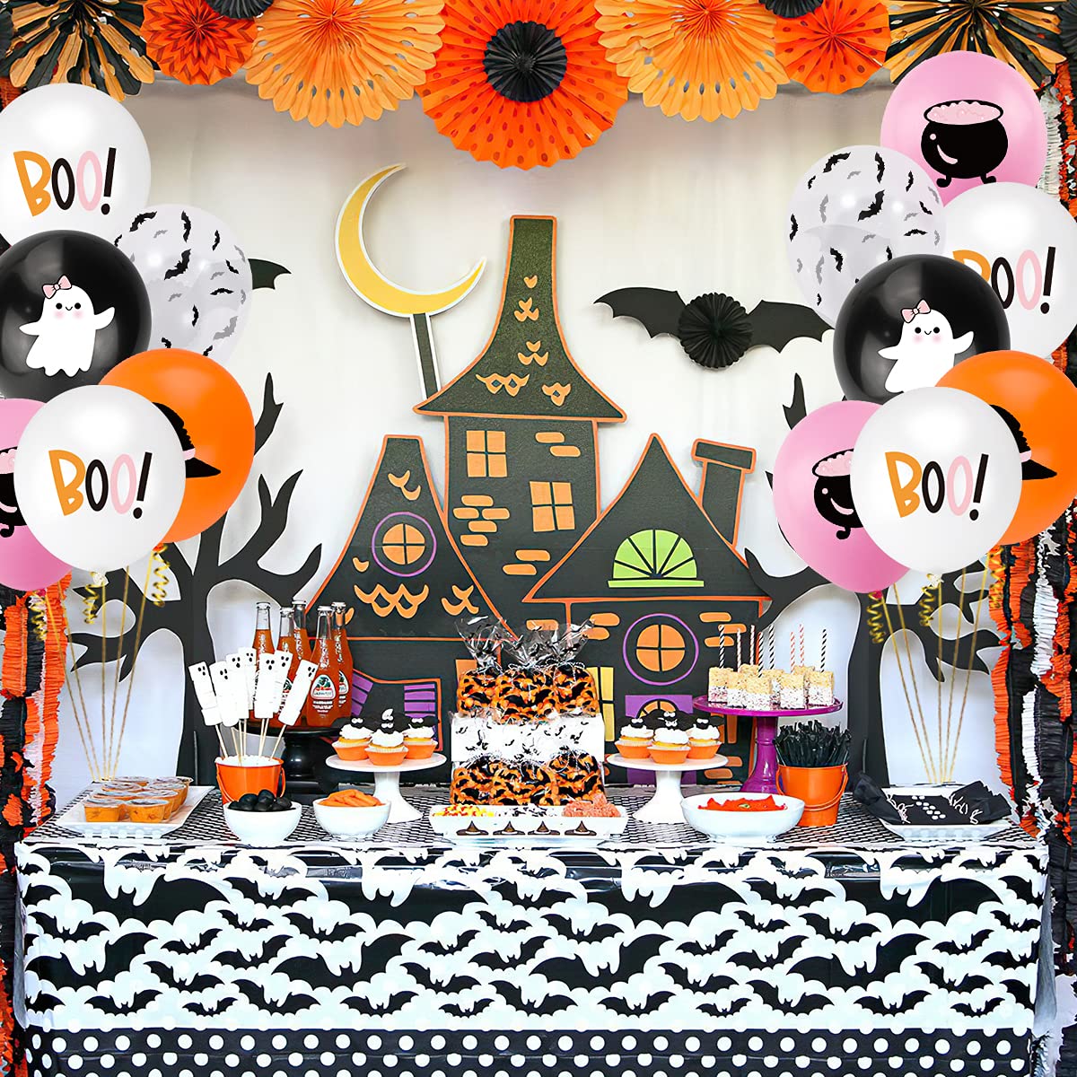 50Pcs Halloween Balloons Decor Girls Halloween Pink Orange Black White Latex Balloon with Ghost Witch Cauldron Bat Printed for Halloween Baby Shower Happy Boo Day Spooky One Two Spooky Party Supplies