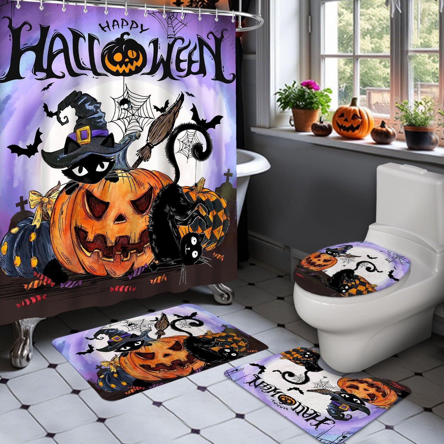 Bonsai Tree Halloween Shower Curtain Set, Halloween Bathroom Decor Set with Shower Curtain and Rugs Accessories, Spooky Curtains for Bathroom Decor Sets 4 Pcs