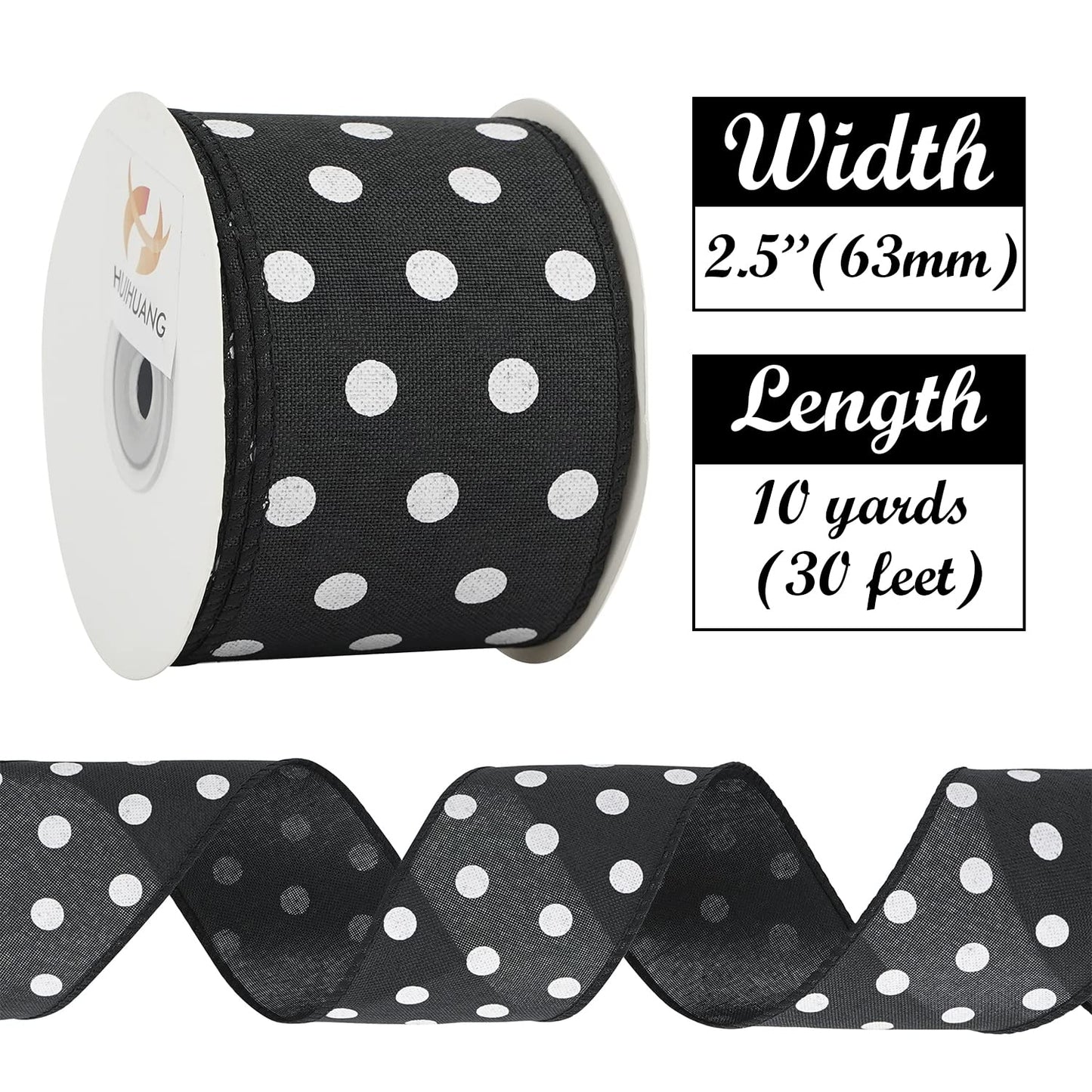 HUIHUANG Black Polka Dot Wired Ribbon, 2.5 Inch X 10 Yards - Black and White Dot Burlap With Wire Edge for Crafts, Fall Wreath Supplies, Gift Wrapping, Basket Bows Decor