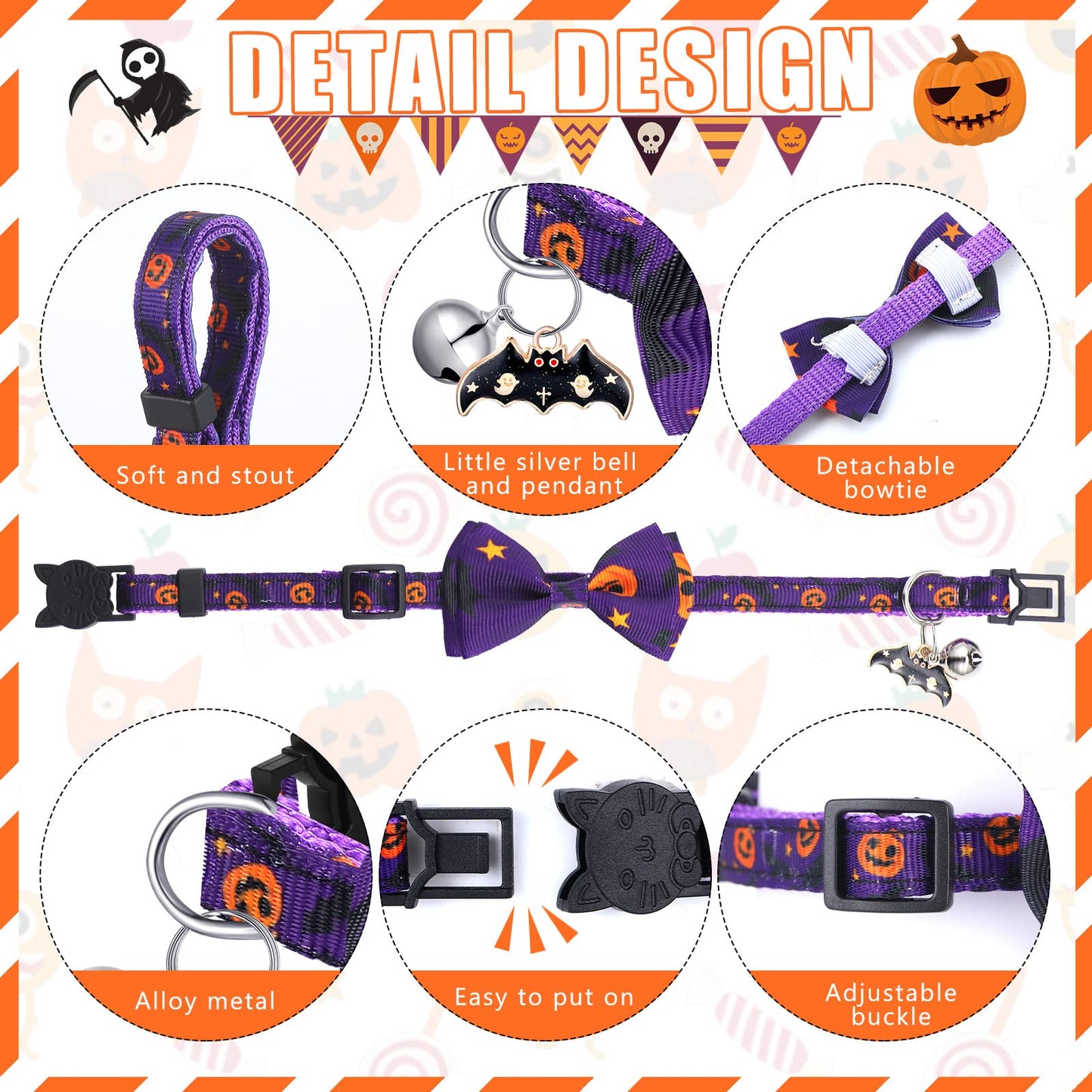 6 Pcs Halloween Cat Collar with Bow Tie and Bells, Breakaway Kitten Collar Ghost Pumpkin Witch Skull with Buckle Adjustable 7-11 Inch Funny Gothic Cat Supplies