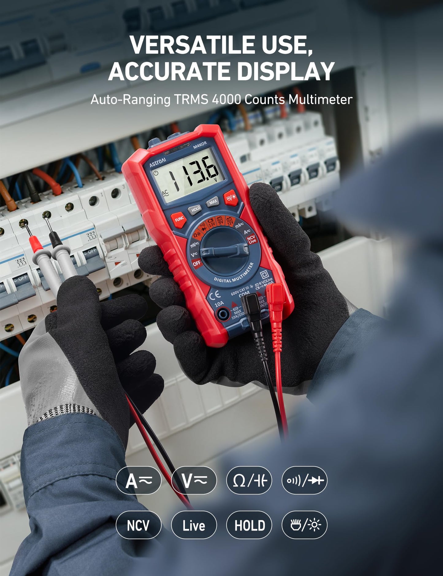 AstroAI Multimeter Tester, TRMS 4000 Counts Volt Meter Auto-Ranging Ohmmeter Digital 1.5v/9v/12v Battery Voltage Tester Measure Voltage Current Resistance Diodes Continuity Capacitance with NCV