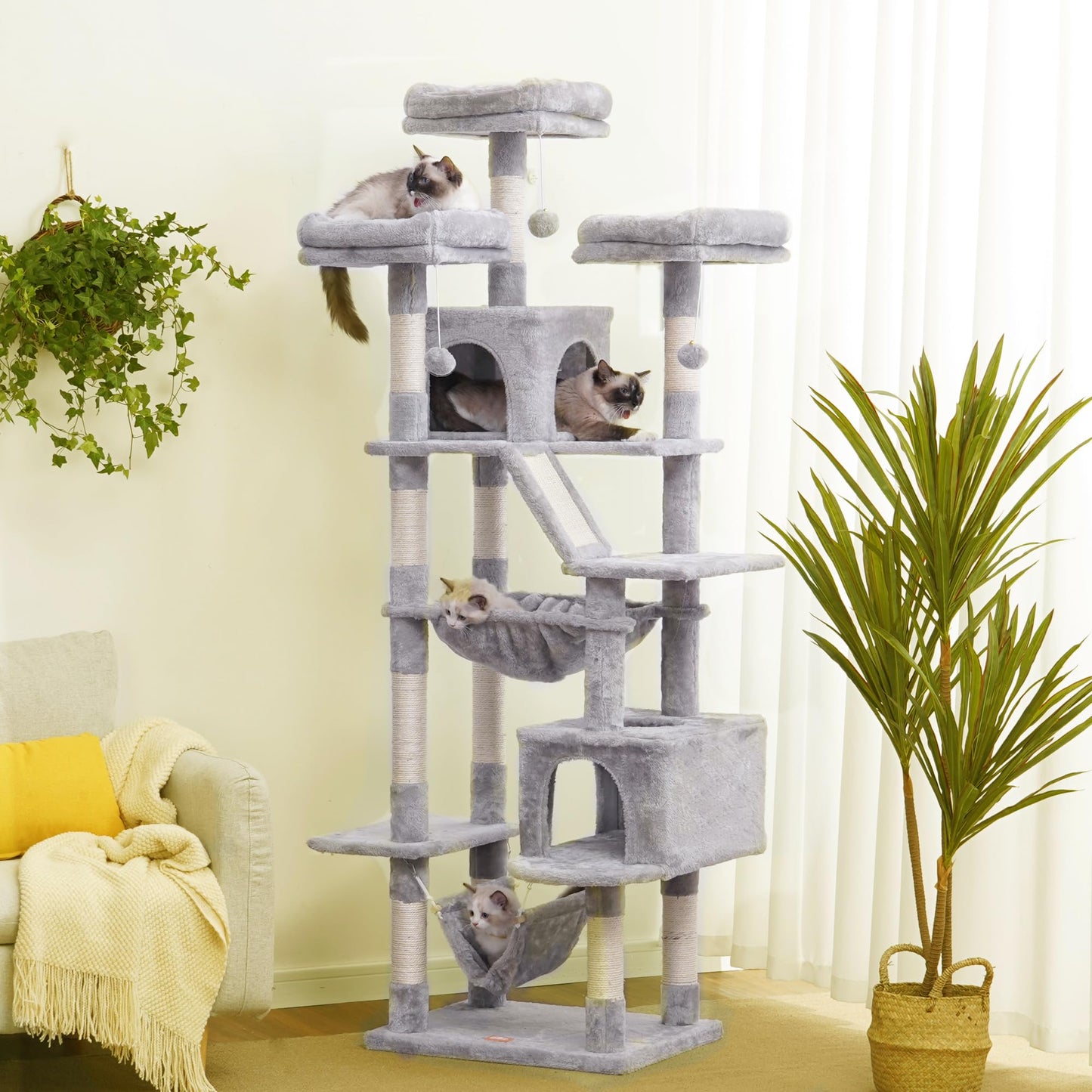 Heybly Cat Tree, 73 inches Tall Cat Tower for Large Cats 20 lbs Heavy Duty for Indoor Cats,Big Cat Furniture Condo for with Padded Plush Perch, Cozy Basket and Scratching Posts Light Gray HCT030W