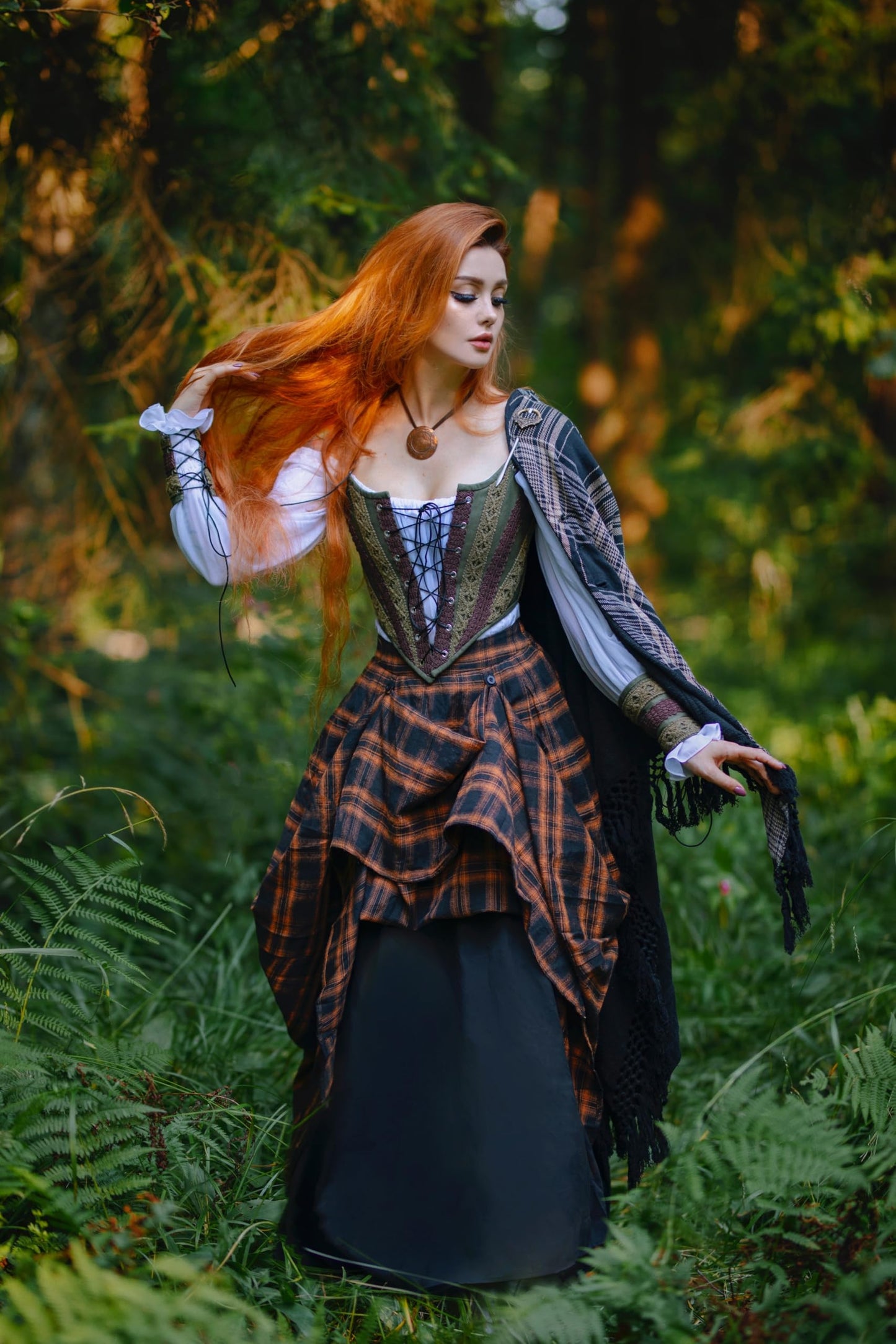 Women Plaid Skirts High Waist Ruffle Skirt Long Skirts with Pockets Orange Plaid S