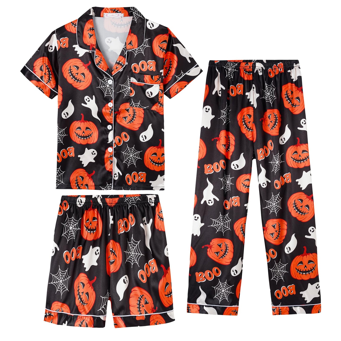 Hupohoi Unisex Girls Boys Kids Pajama Sets Button Down Satin Sleepwear Nighty 3PCS Silky Lounge Sets Nightwear Short Sleeve Long Pants, 3pcs-Pumpkin, 10