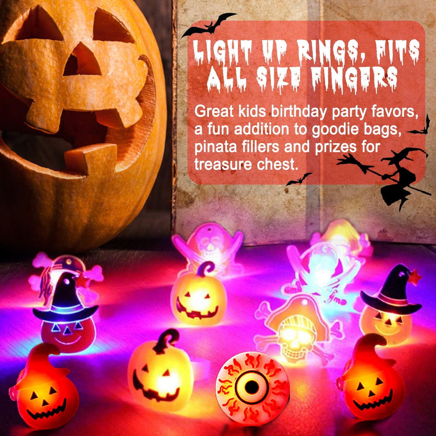 50 Pack 3D Halloween LED Glow Ring, Light Up Toys Glow in the Dark Birthday Halloween Party Favors Decorations Supplies for Kid Adults Flash Finger Rubber Ghost Pumpkin Skeleton LED Finger Lights