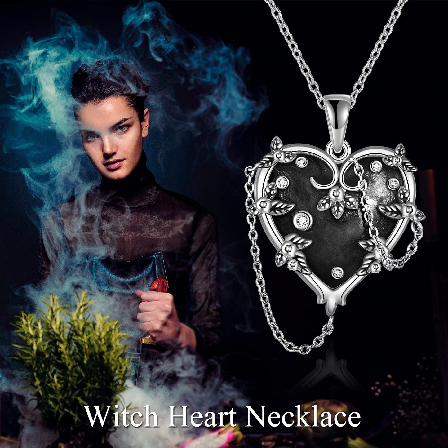 Witches Heart Pendant Necklace 925 Sterling Silver Gothic Jewelry Goth Halloween Gifts for Women