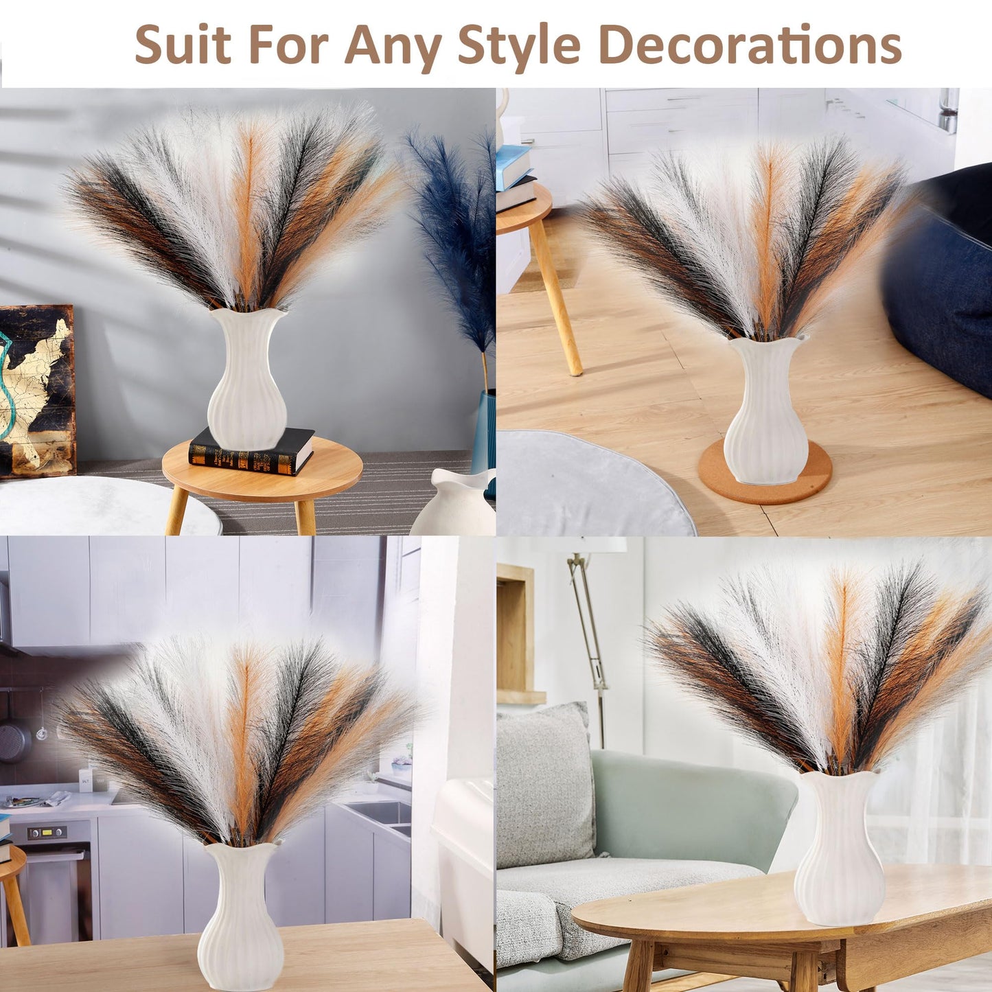 Acfruits Pampas Grass Small, Black&White&Orange 30 Pcs 17" Faux Pampas Grass Short Decor, Pompas Grass Flower Arrangement and Vase Filler for Halloween Decoration