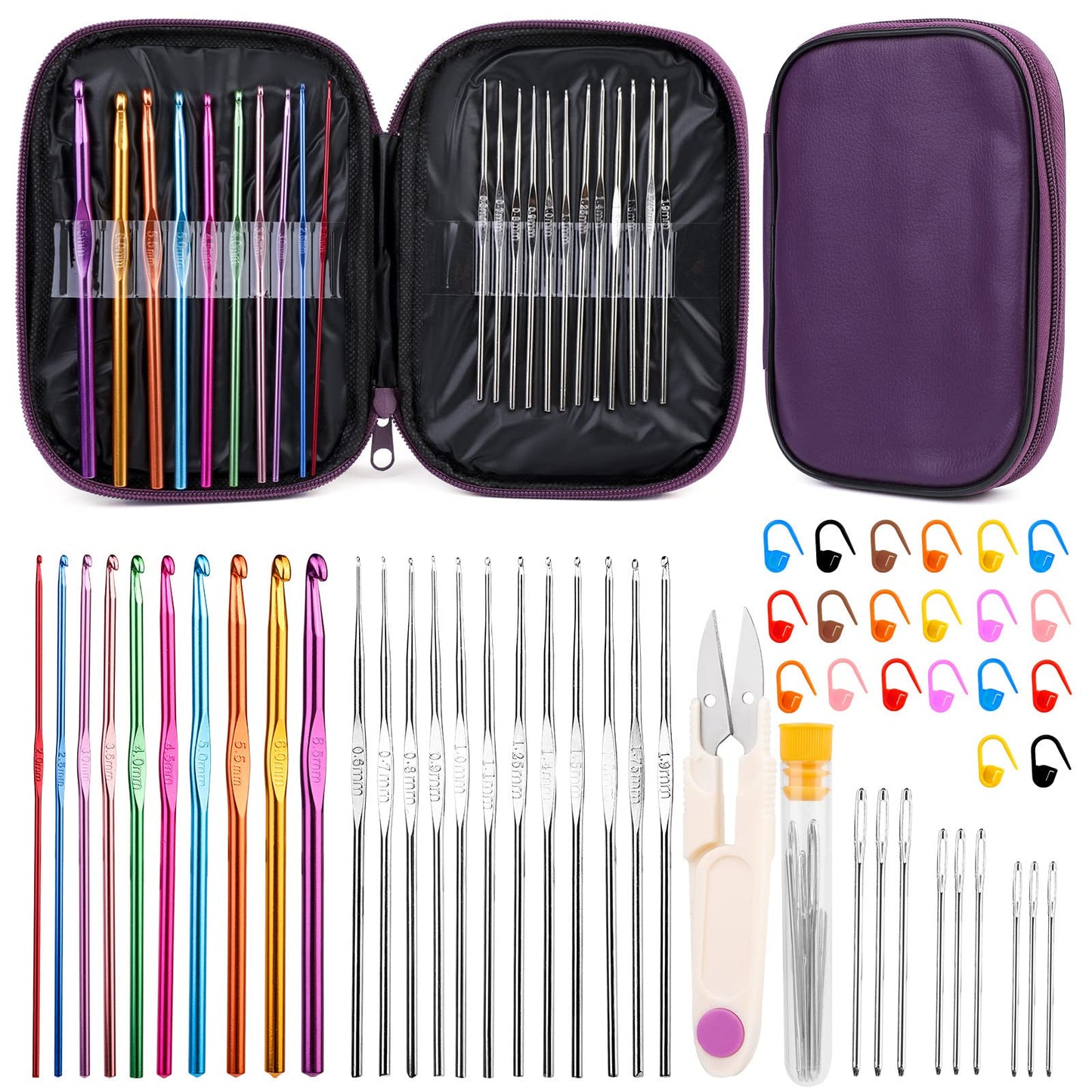 IMZAY 54 Pcs Crochet Hooks Set, Crochet Needles Set with Purple Storage Case, Ergonomic Knitting Needles Stitch Marker DIY Hand Knitting Craft Art Tools for Beginners