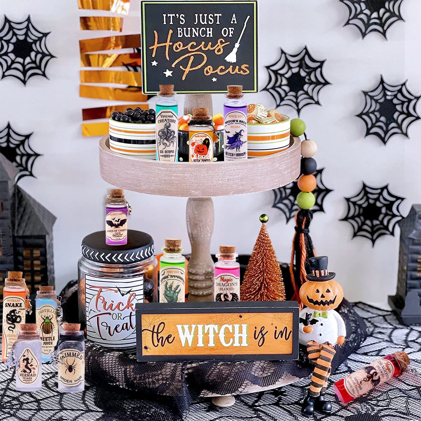 99 Pcs Apothecary Bottles Set with Halloween Stickers & Pendants - Tiered Tray Decor for Indoor Halloween Party Supplies