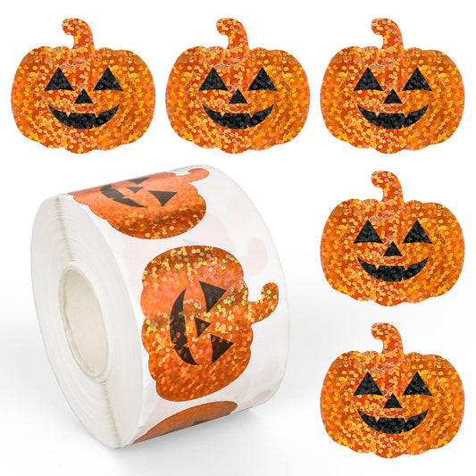 Whaline Halloween Pumpkin Stickers Roll Laser Pumpkin Shape Waterproof Decals Orange Sparkly Self-Adhesive Stickers for Halloween Trick or Treat Party Envelope Scrapbook Decor, 500Pcs