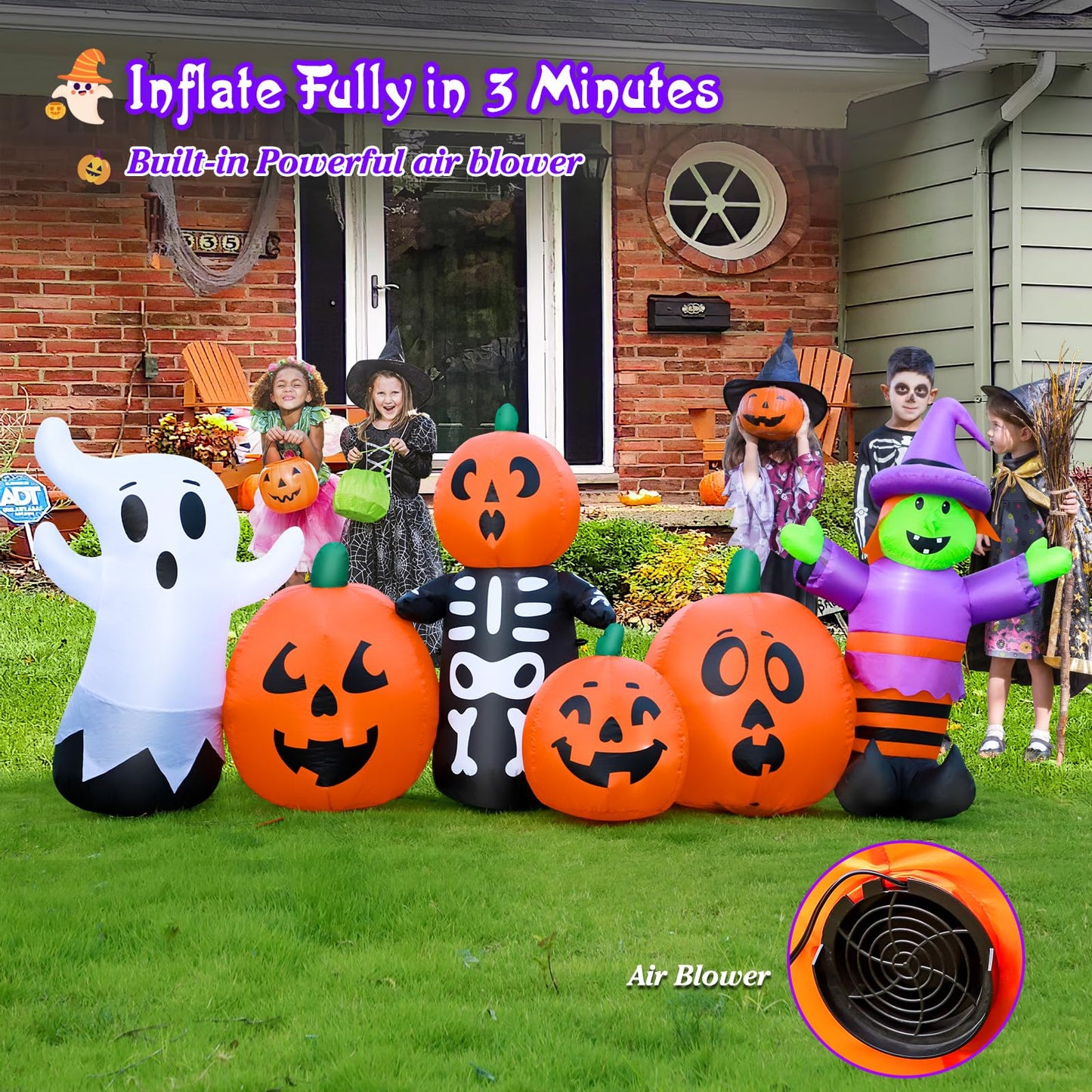 8FT Length Halloween Inflatables Pumpkin Outdoor Decoration, Witch, Ghost, with Blow Up Pumpkin Inflatables Decorations Built-in LED Lights & Powerful Air Blower for Party Garden Halloween Decor