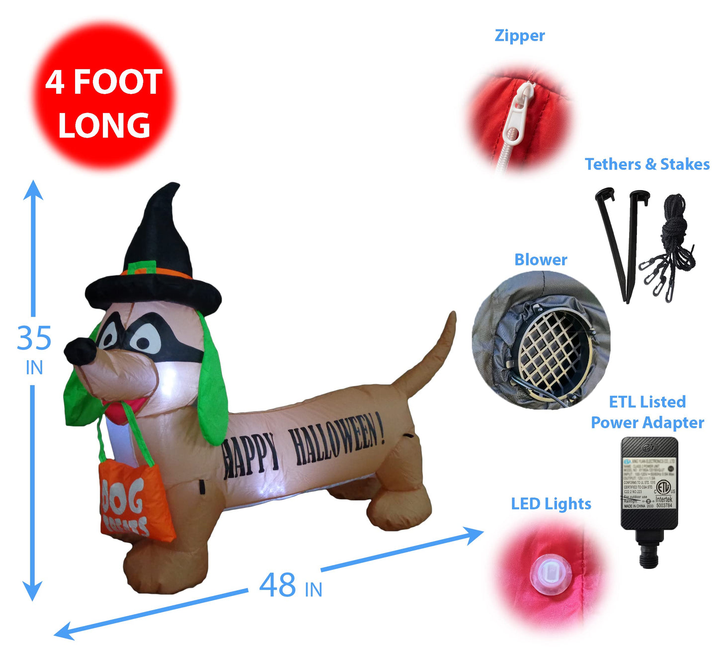 BZB Goods 4 Foot Long Illuminated Halloween Inflatable Dog with Witch Hat and Mask Decoration