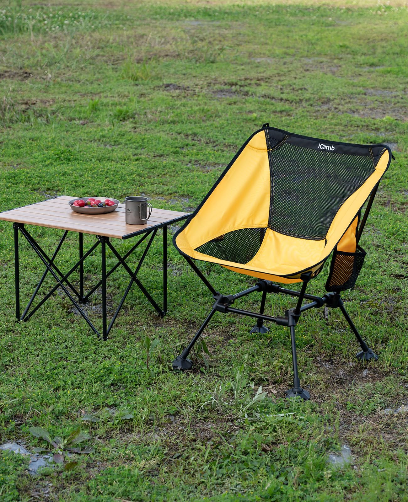 iClimb Ultralight Compact Camping Folding Beach Chair with Anti-Sinking Large Feet and Back Support Webbing (Yellow - Square Frame)