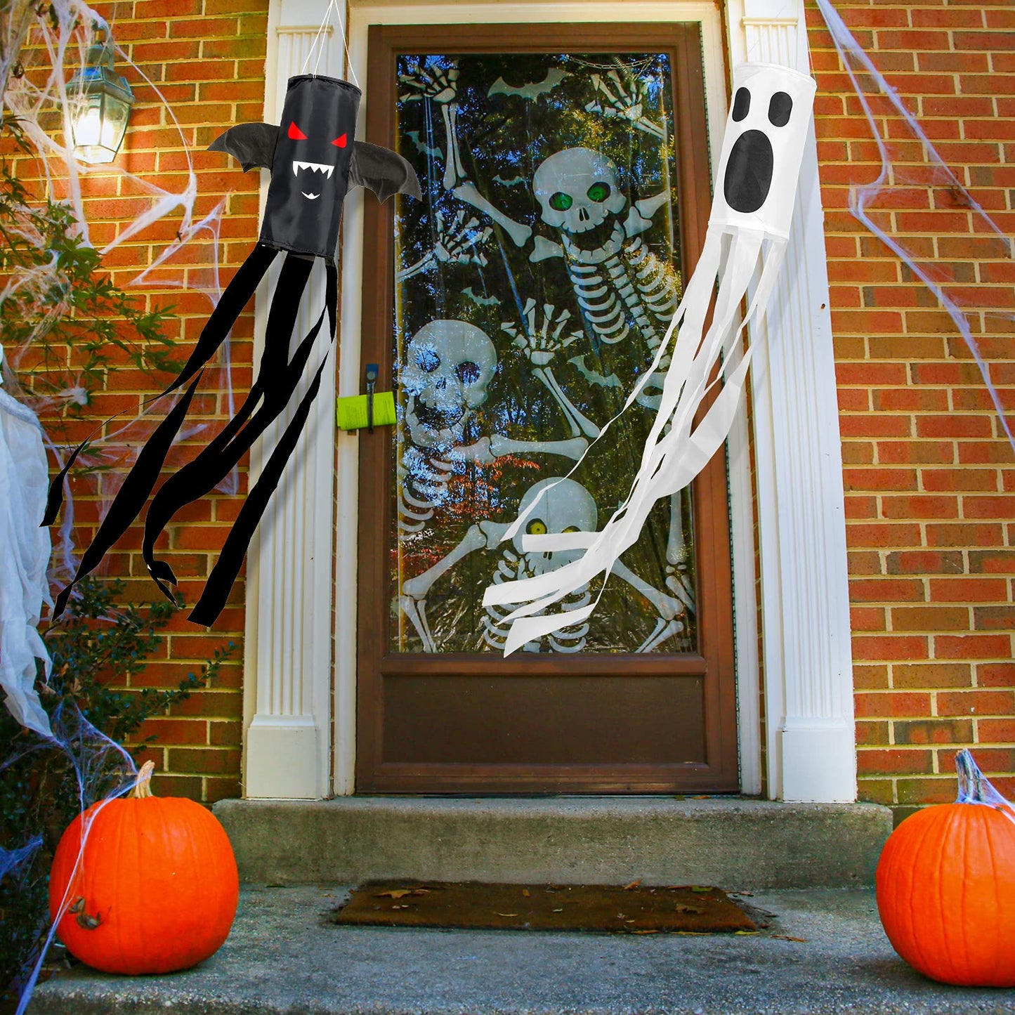 Whaline 4 Pieces Halloween Windsock Flag 39 in Spooky Cartoon Wind Socks Pumpkin Bat Ghost Monster Outdoor Hanging Decor Halloween Yard Signs for Home Patio Lawn Garden Tree Pathway Party Decoration