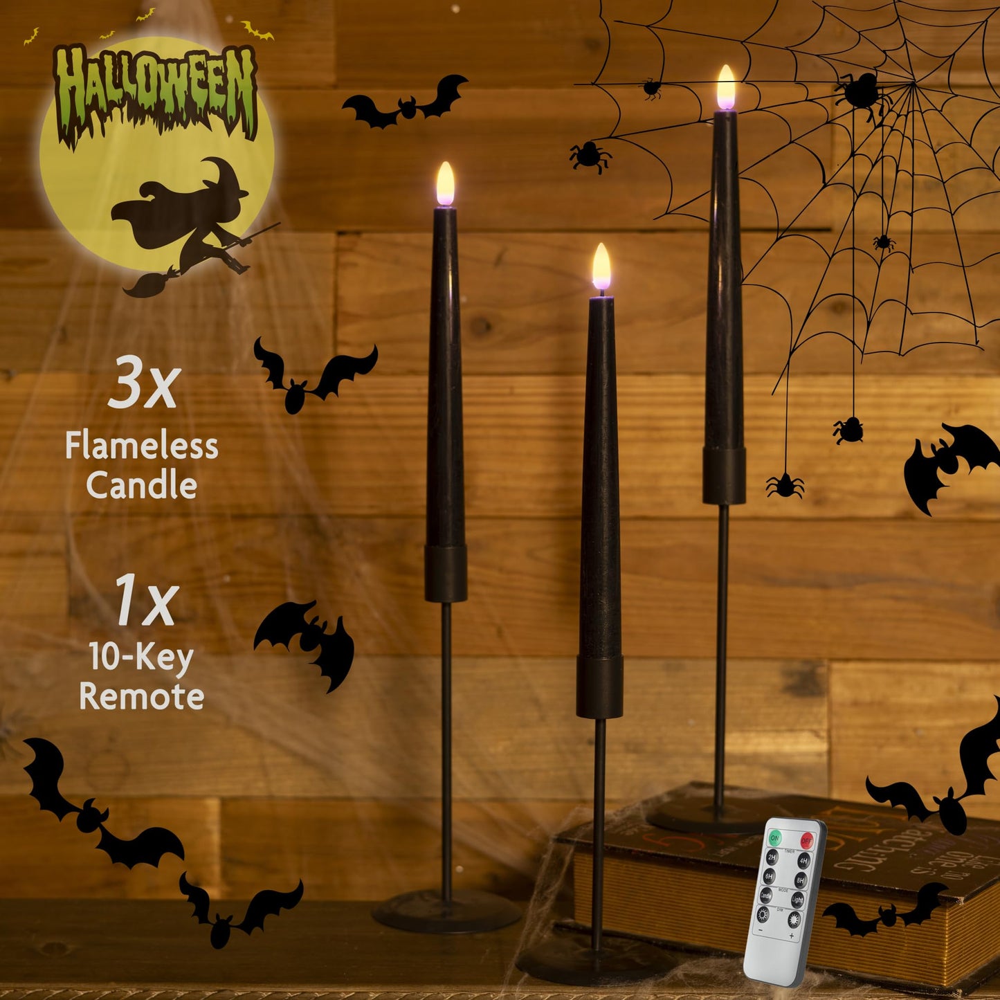 AFINETH Black Flameless Taper Candles with Remote, Real Wax Halloween Candles, 9.6 Inch Battery Operated Led Candlesticks for Party Home Festival Decor, 3 Pack