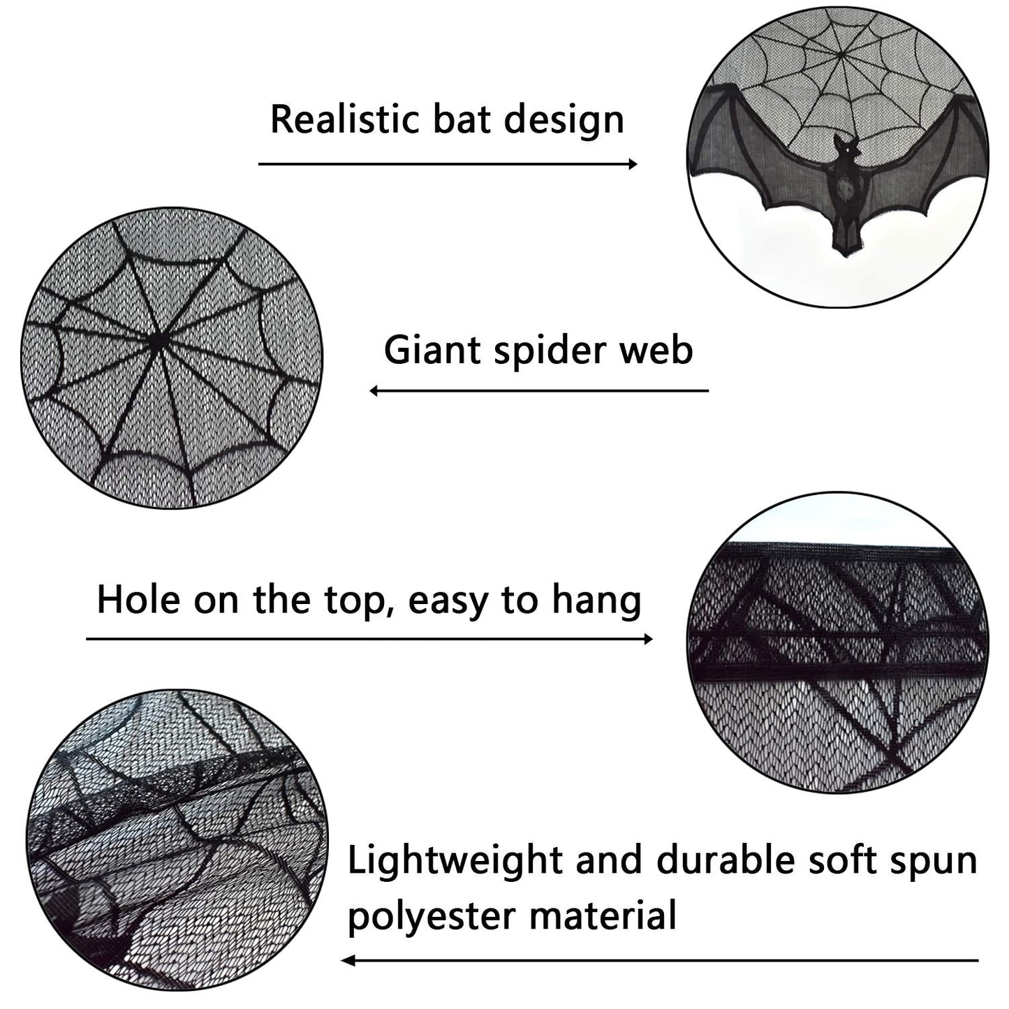 ZeeDix 2 Pcs Halloween Black Lace Bat Window Curtains- Spiderweb Tablecloth Bat Shower Curtain Window Valance Spider Cobweb Fireplace Mantles Scarf for Halloween Party Decor, Party Supplies