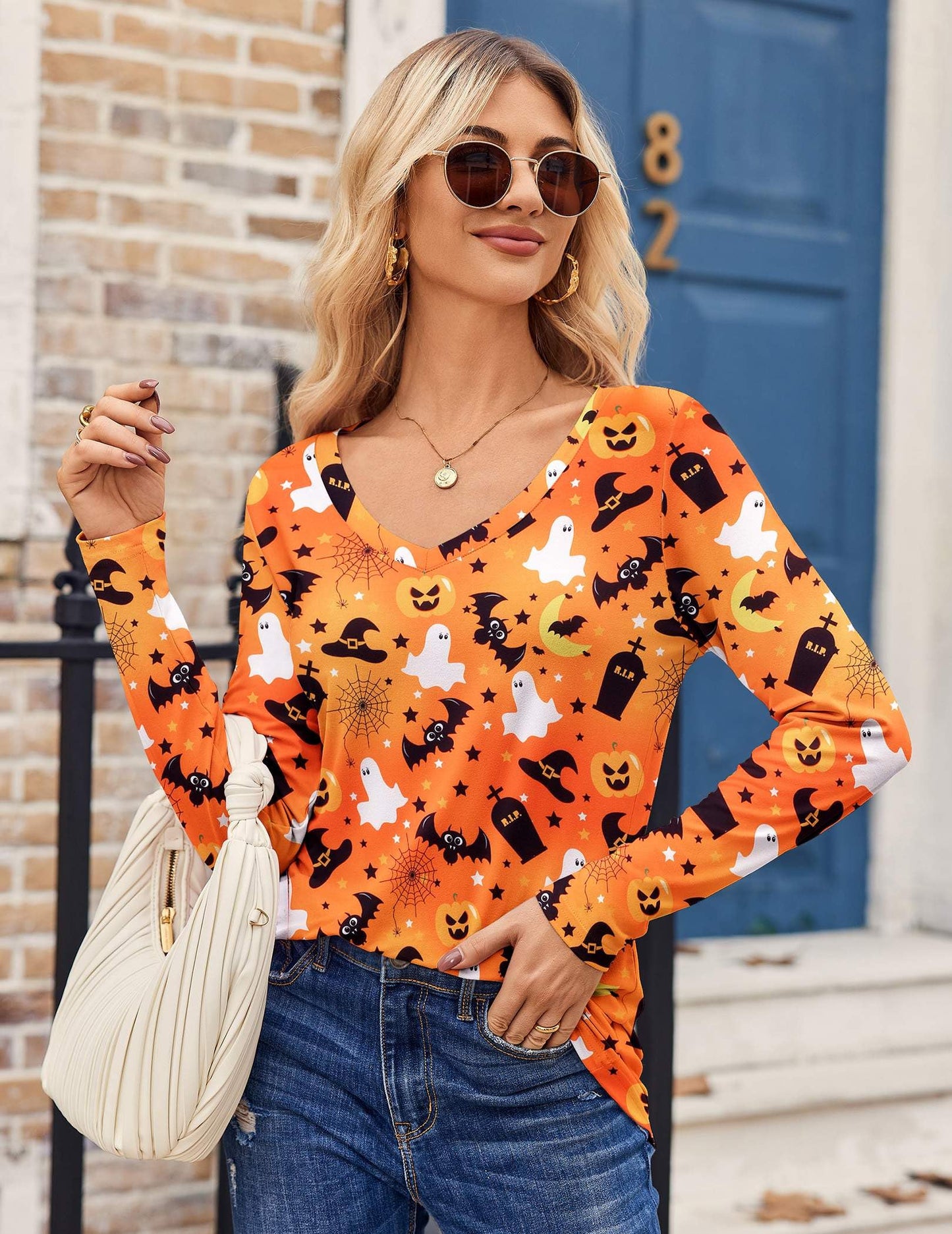 Zeagoo Halloween Tops Womens Orange bat Tee Shirt Long Sleeve T Shirts V Neck Tops Casual Basic Tee Tops M