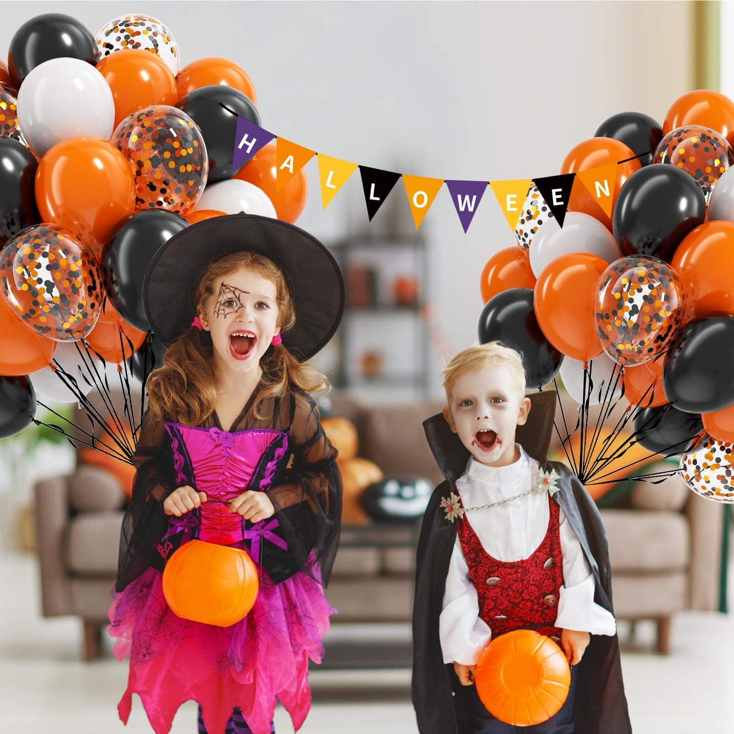 60pcs Orange and Black White Halloween Balloons, 12inch Black Orange White Latex Confetti Balloons for Ghost Halloween Birthday Party Decorations