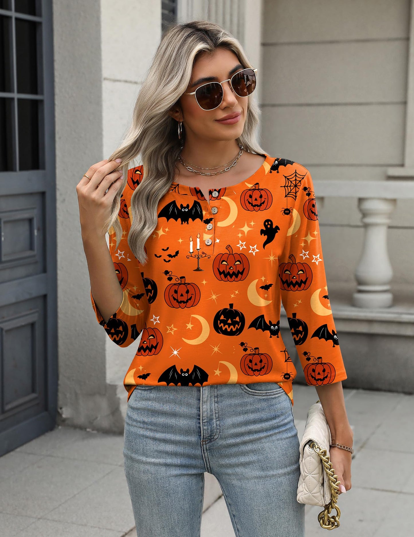 Zeagoo Orange 3/4 Sleeve Halloween Shirts for Women Crew Neck Dressy Casual Tunic Tops Fall Button Up Blouses 2025