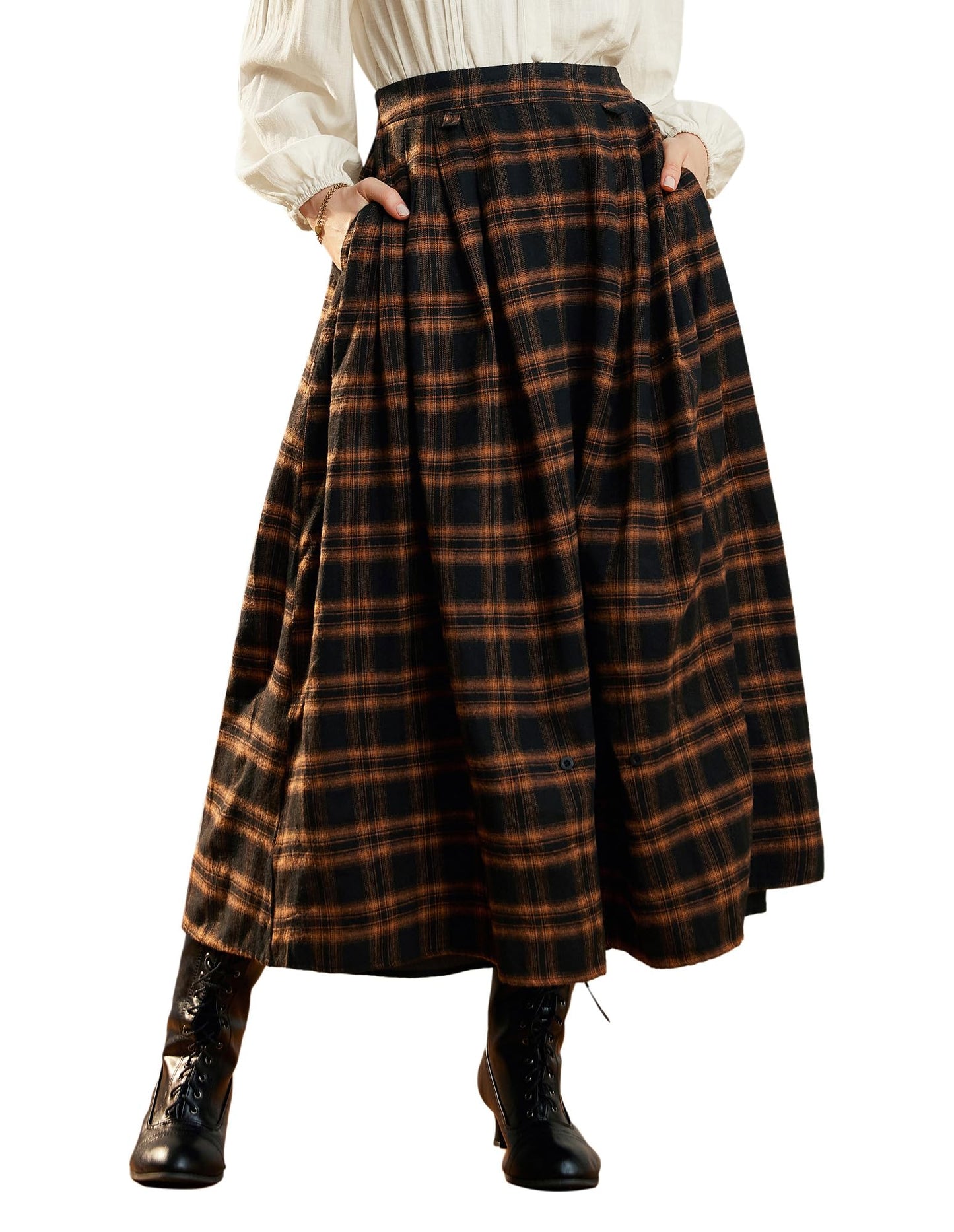 Women Plaid Skirts High Waist Ruffle Skirt Long Skirts with Pockets Orange Plaid S