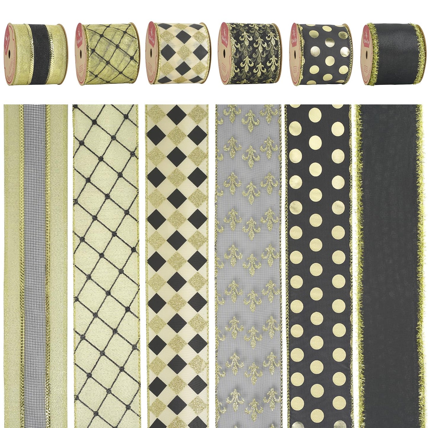 HUIHUANG Black Wired Ribbon for Christmas Tree Black and Gold Christmas Ribbons for Tree Decorations, Bows, Wreaths, Garland, Gift Wrapping, Crafts, Home Decor (2-1/2" x 6 Rolls, 36 Yds Total)