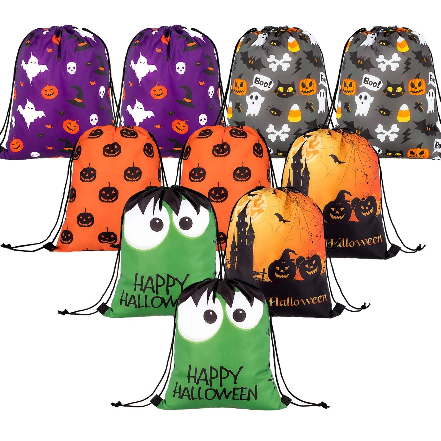 Whaline Large Halloween Drawstring Backpack Bag 16.3 x 13.2Inch Huge Trick or Treat Sack Gift Backpack Candy Goodie Bags for Halloween Party Favors, 10Pcs